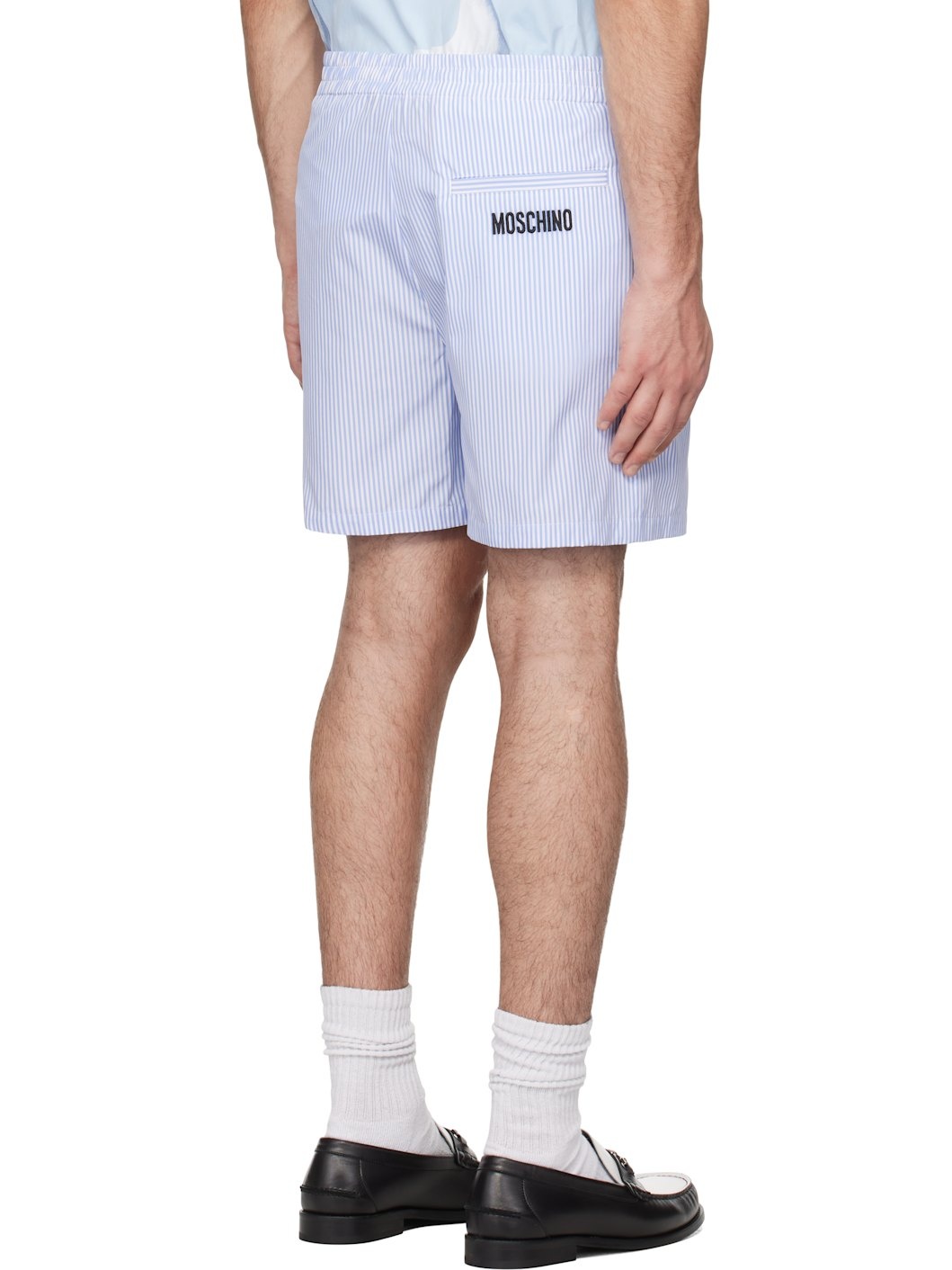 Blue & White Goose Embroidery Striped Poplin Shorts - 3