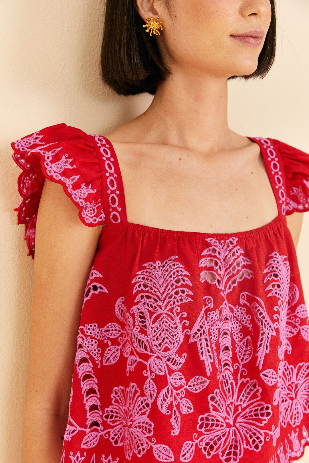 Red Palm Tree Richelieu Blouse - 3