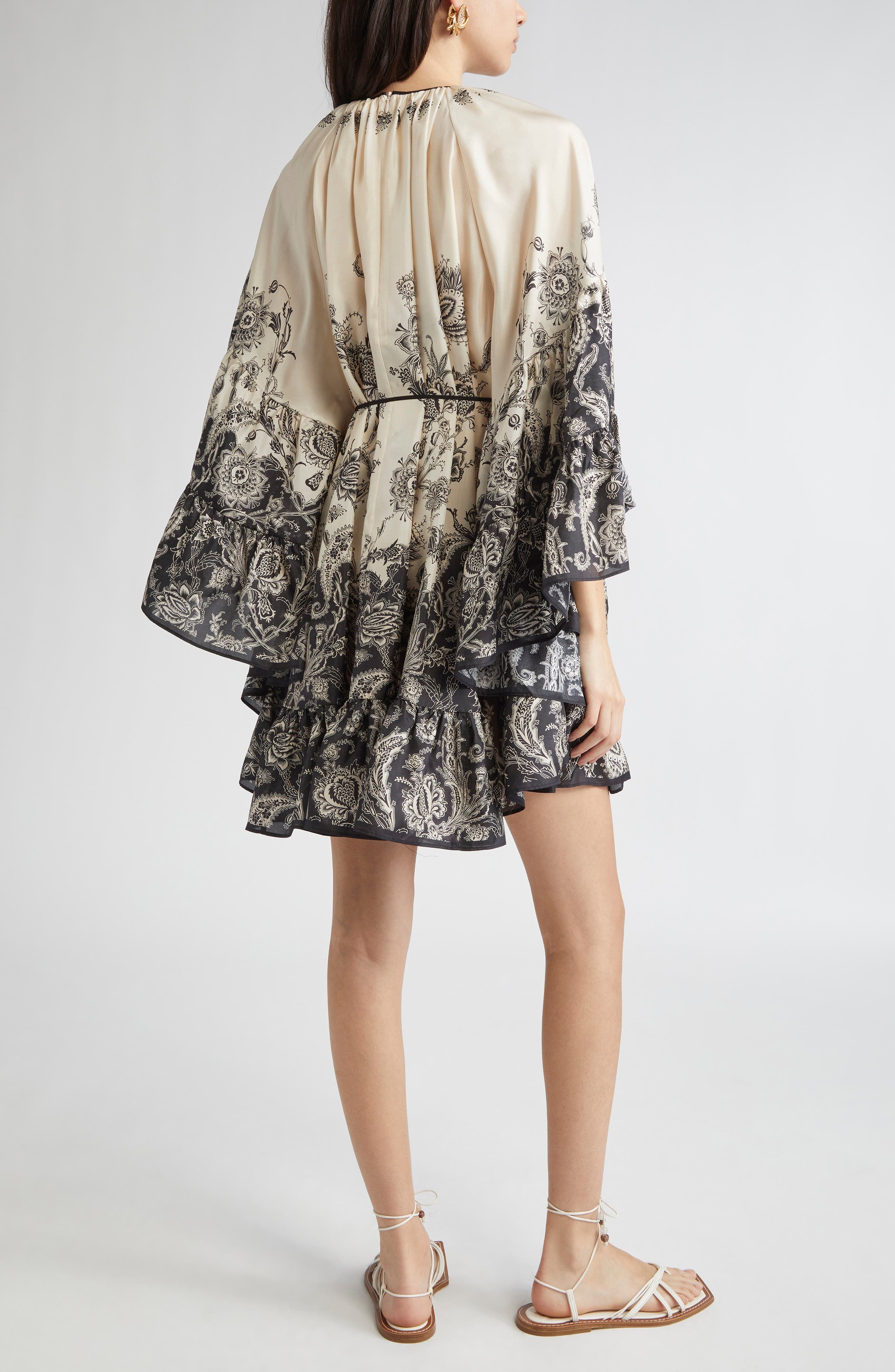 Zimmermann Rhiannon Long Sleeve Silk Habutai Lantern Minidress in Cream/Black Floral at Nordstrom - 2