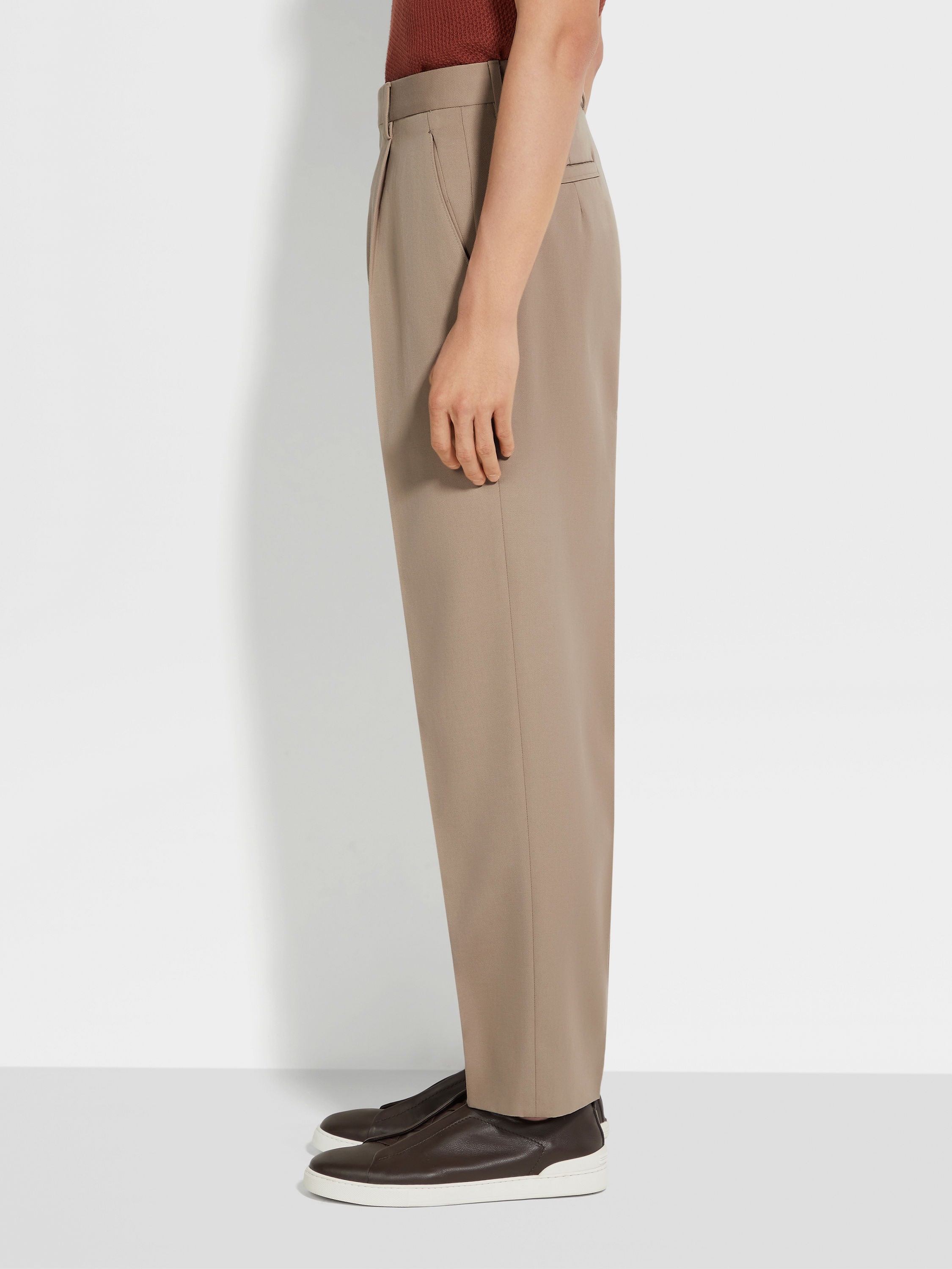 LIGHT TAUPE COTTON AND WOOL PANTS - 4