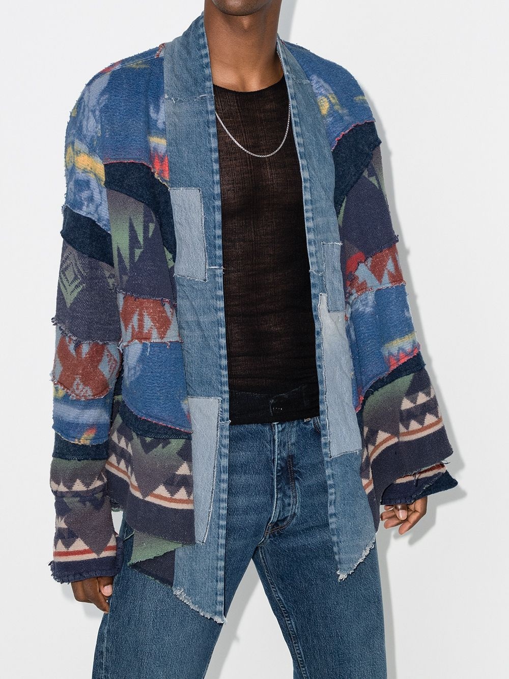 geometric print open front denim jacket - 2