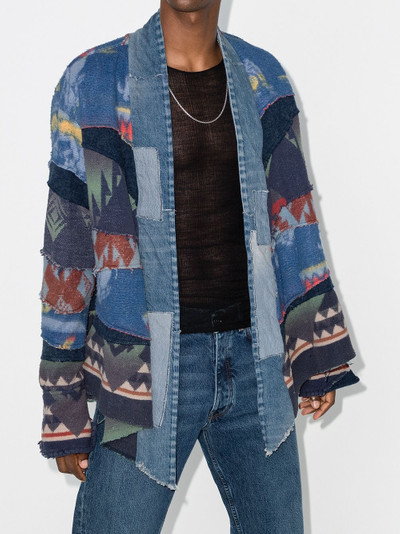 Greg Lauren geometric print open front denim jacket outlook