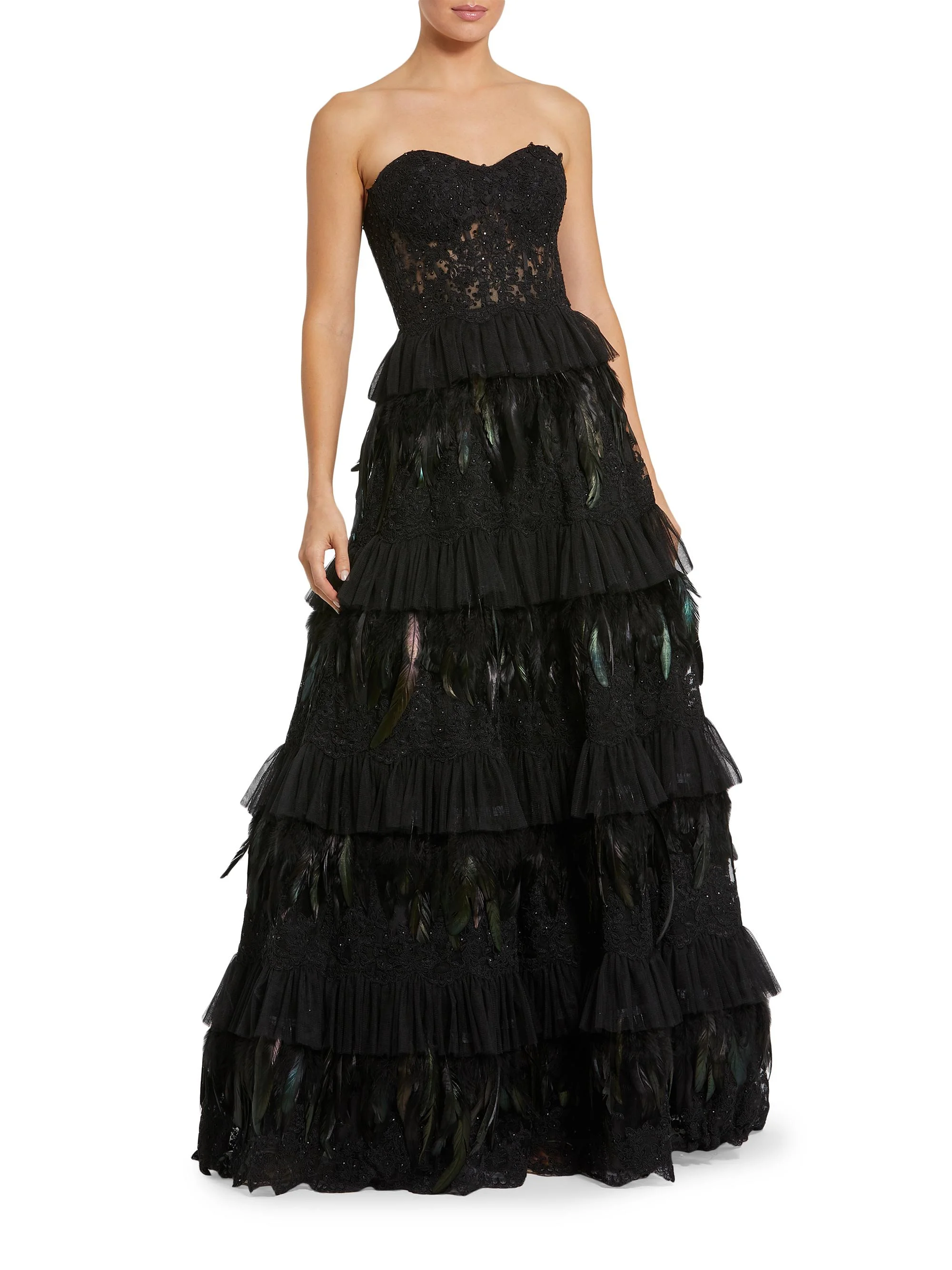 Women's Embellished Tiered Strapless Gown - Black - 1