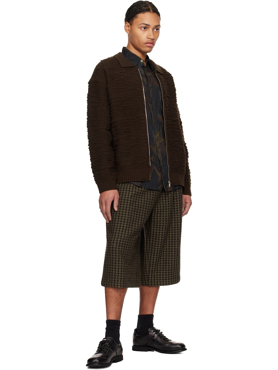 YOKE Brown Random Jacquard Front Zip Cardigan | REVERSIBLE