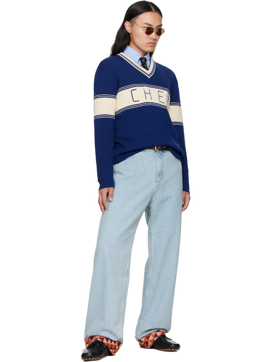 Blue Jacquard Hem Jeans - 5