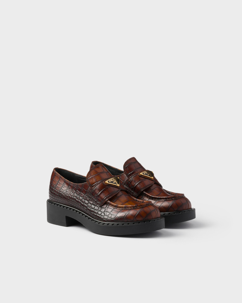 Chocolate crocodile-print leather loafers 1