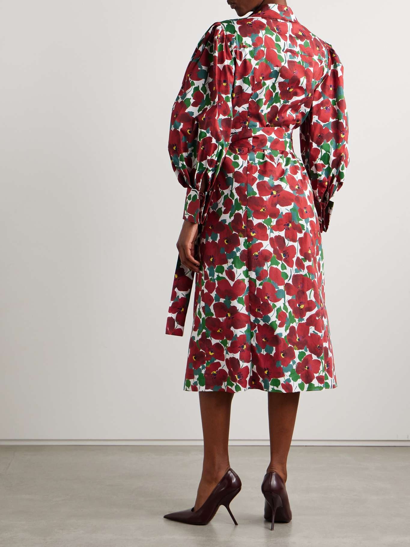Belted floral-print cotton-blend midi shirt dress Red - 3