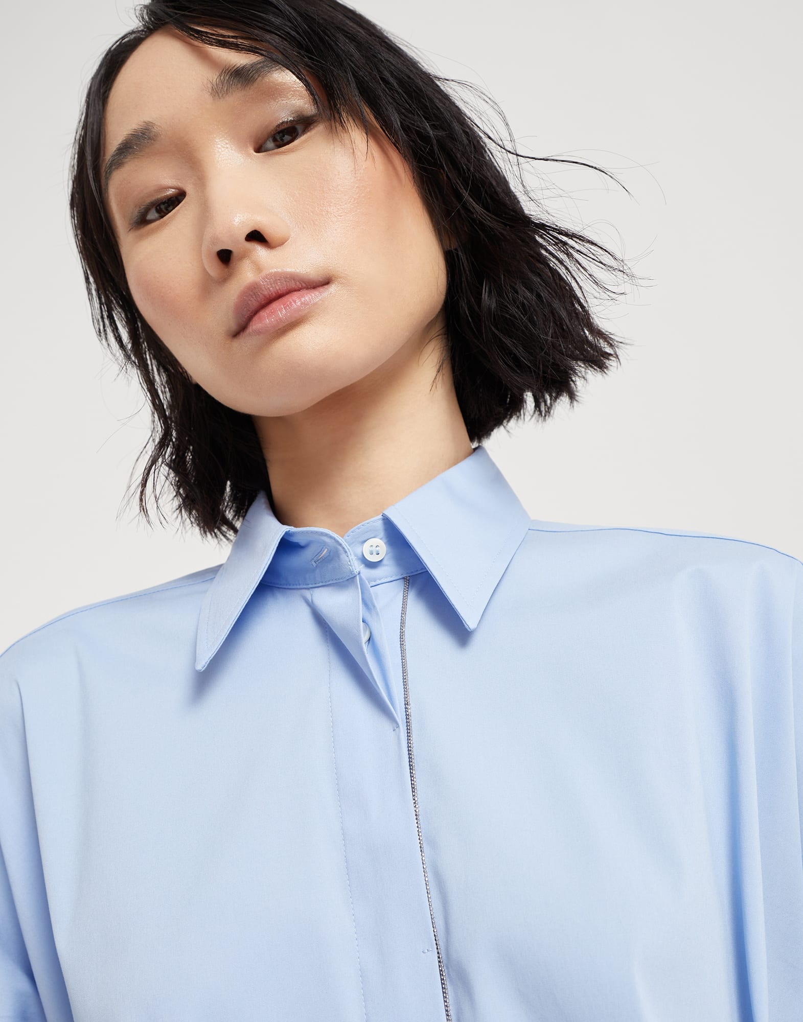 Stretch cotton poplin shirt with shiny trim - 3
