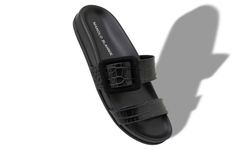 Manolo Blahnik Black Calf Leather Buckle Detail Flat Mules outlook
