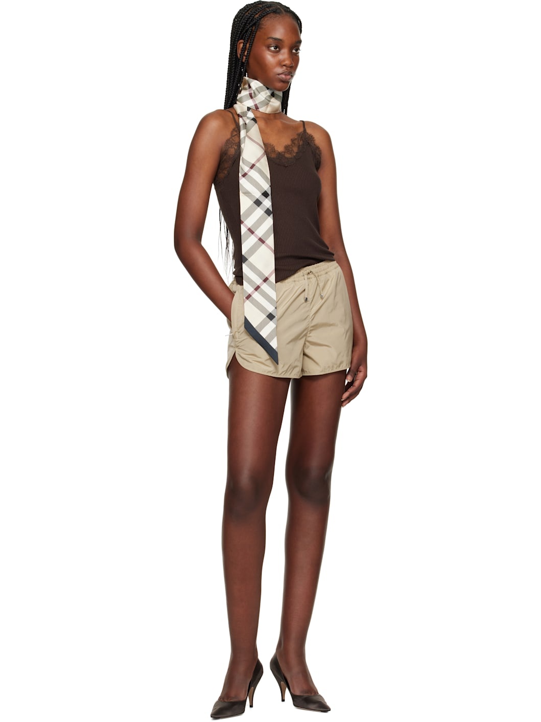 Beige Skinny Check Silk Scarf - 2