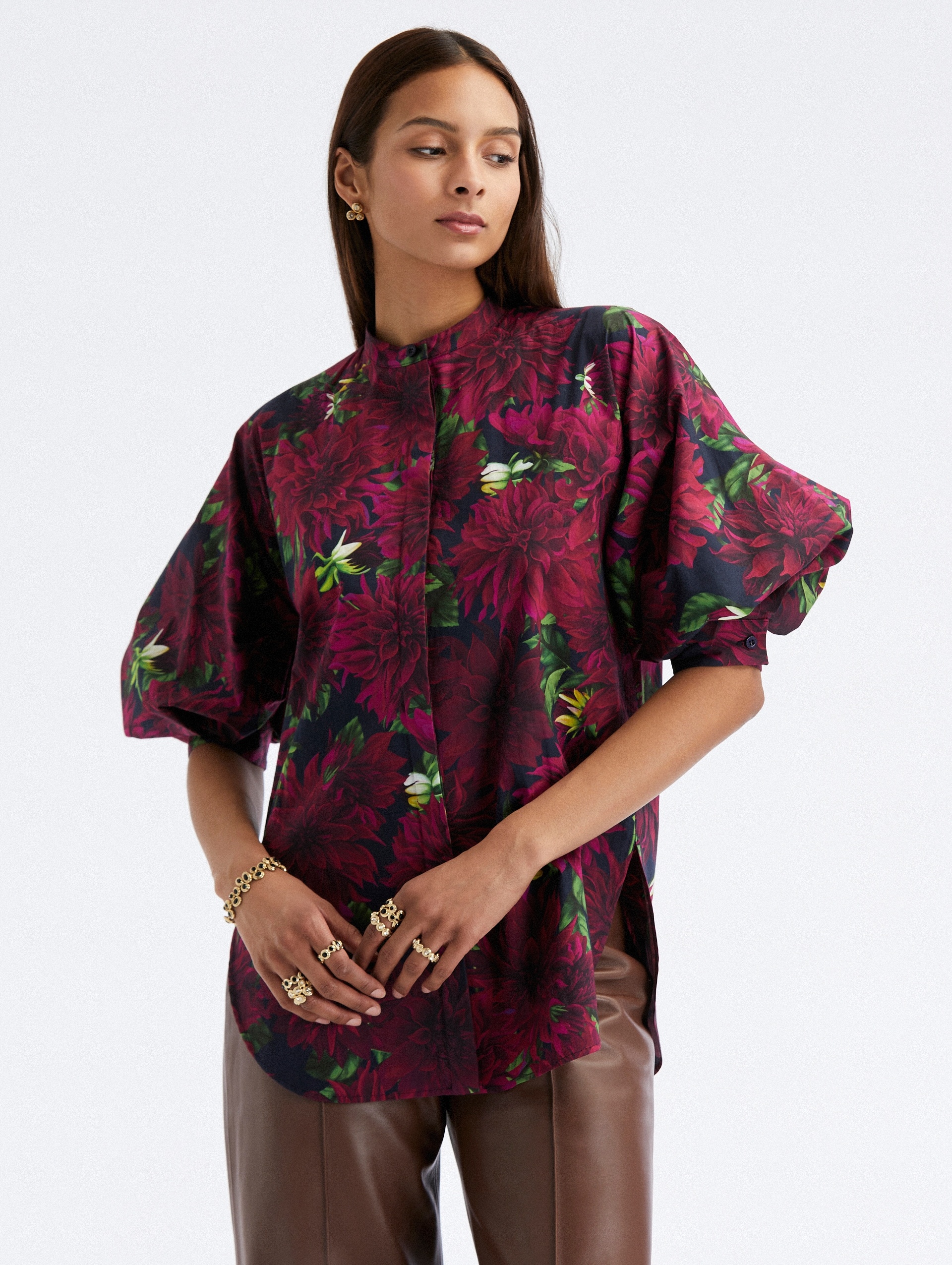 BALLOON SLEEVE DAHLIA COTTON POPLIN BLOUSE - 1