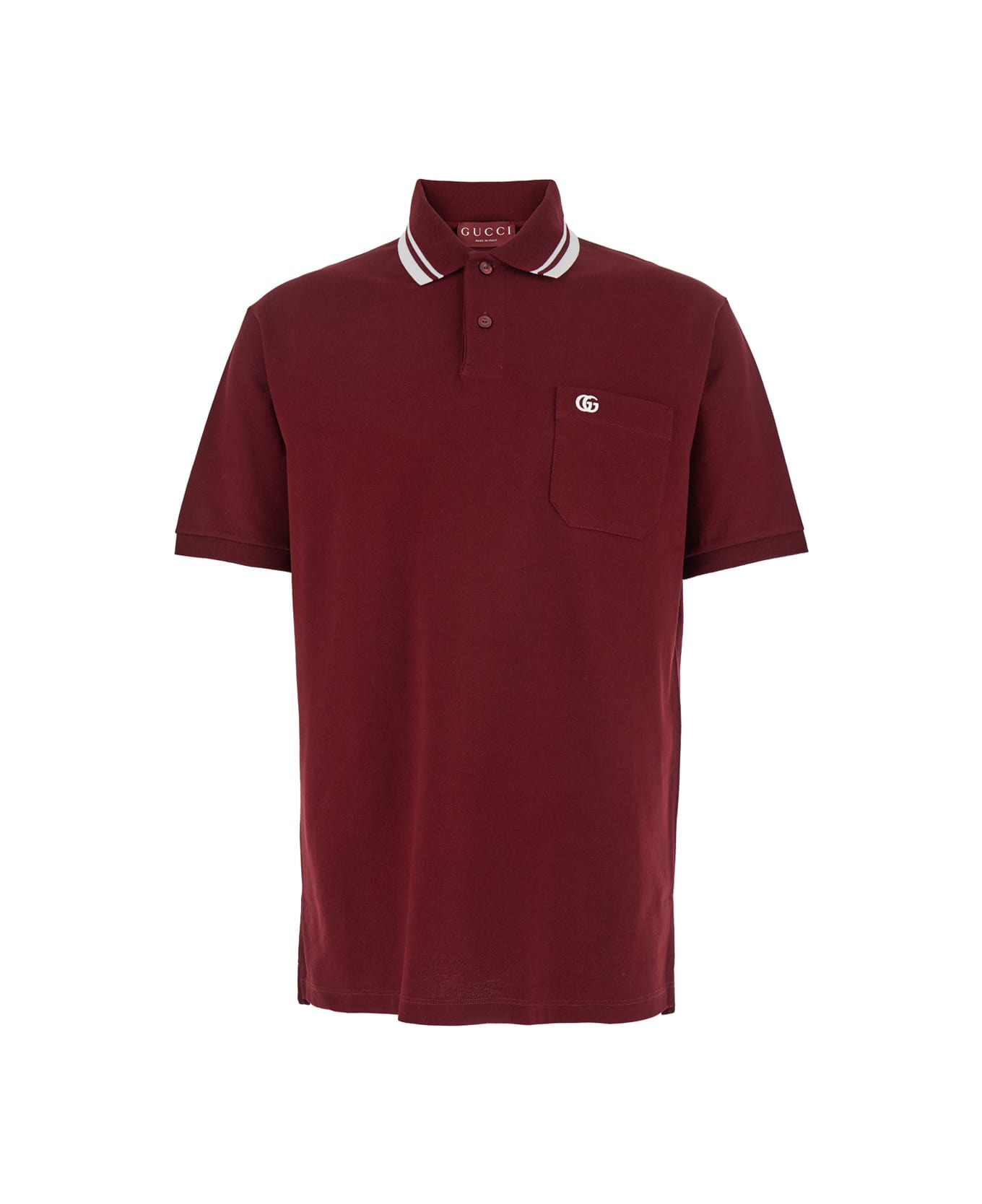 Bordeaux Polo Shirt With Striped Motif On The Collar And Double G Embroidery On The Front In Cotton  - 1