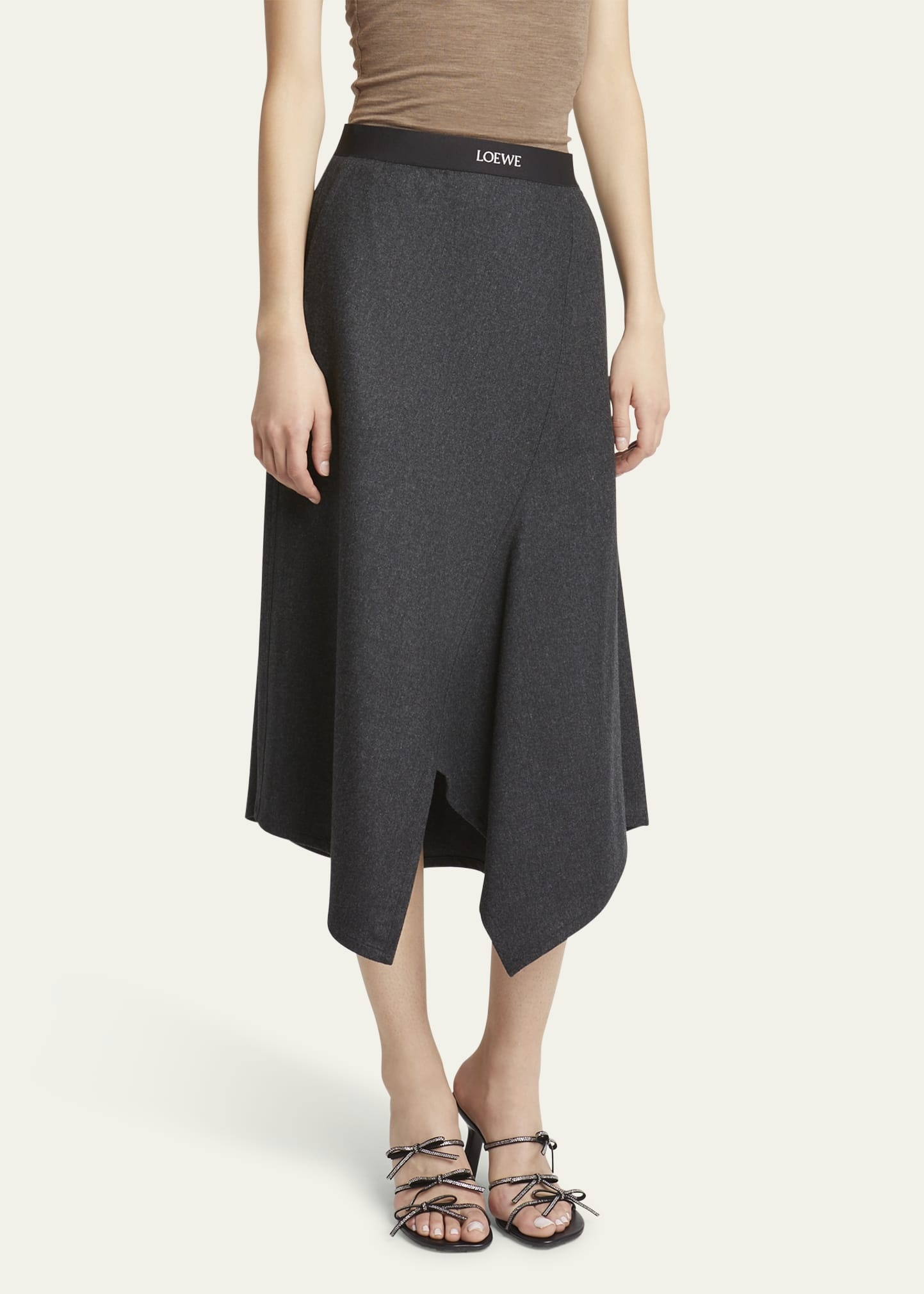 Logo Band Asymmetric Wool Cashmere Midi Skirt - 4