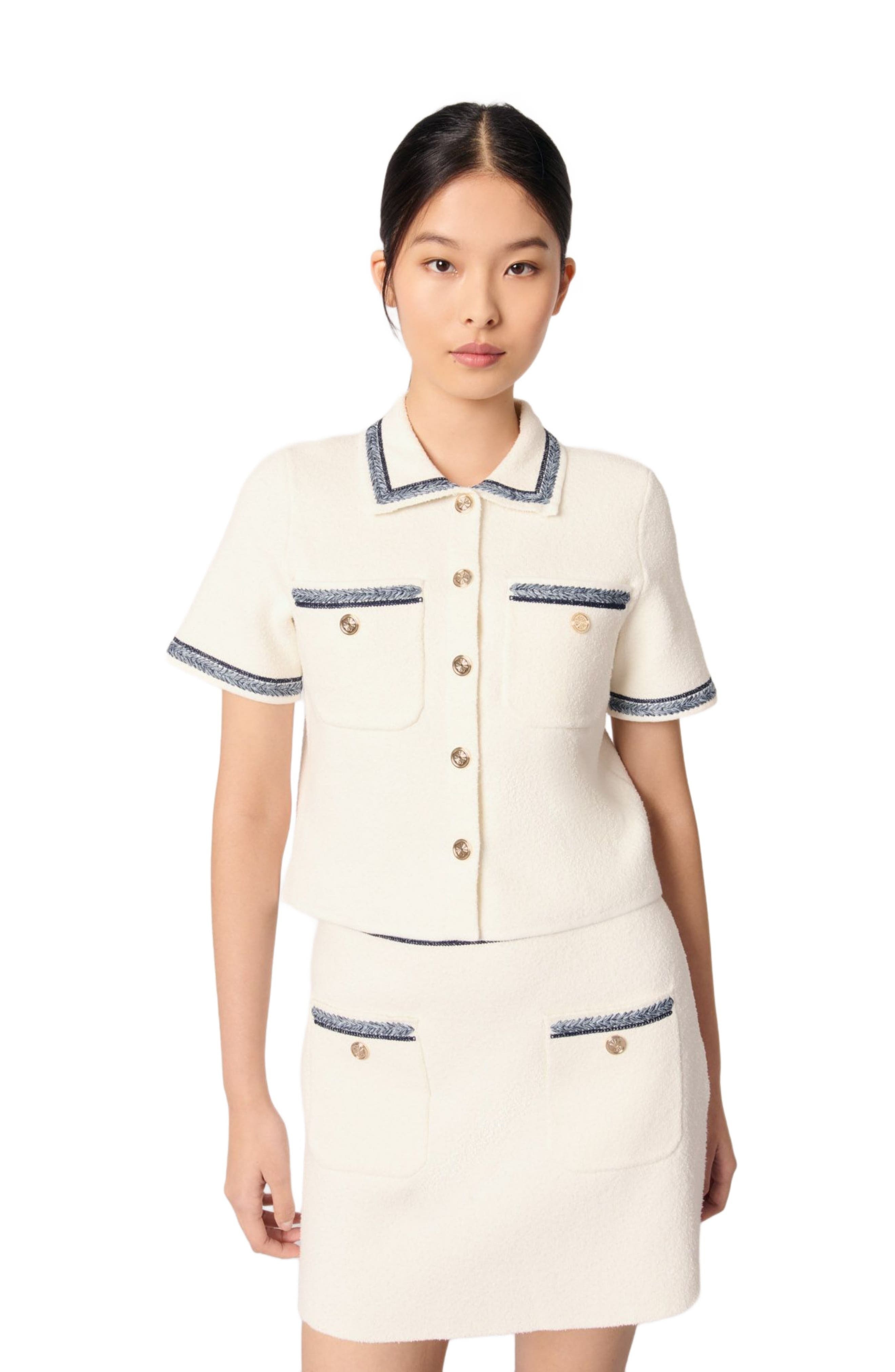 maje Cropped contrasting trim cardigan in Ecru at Nordstrom - 4