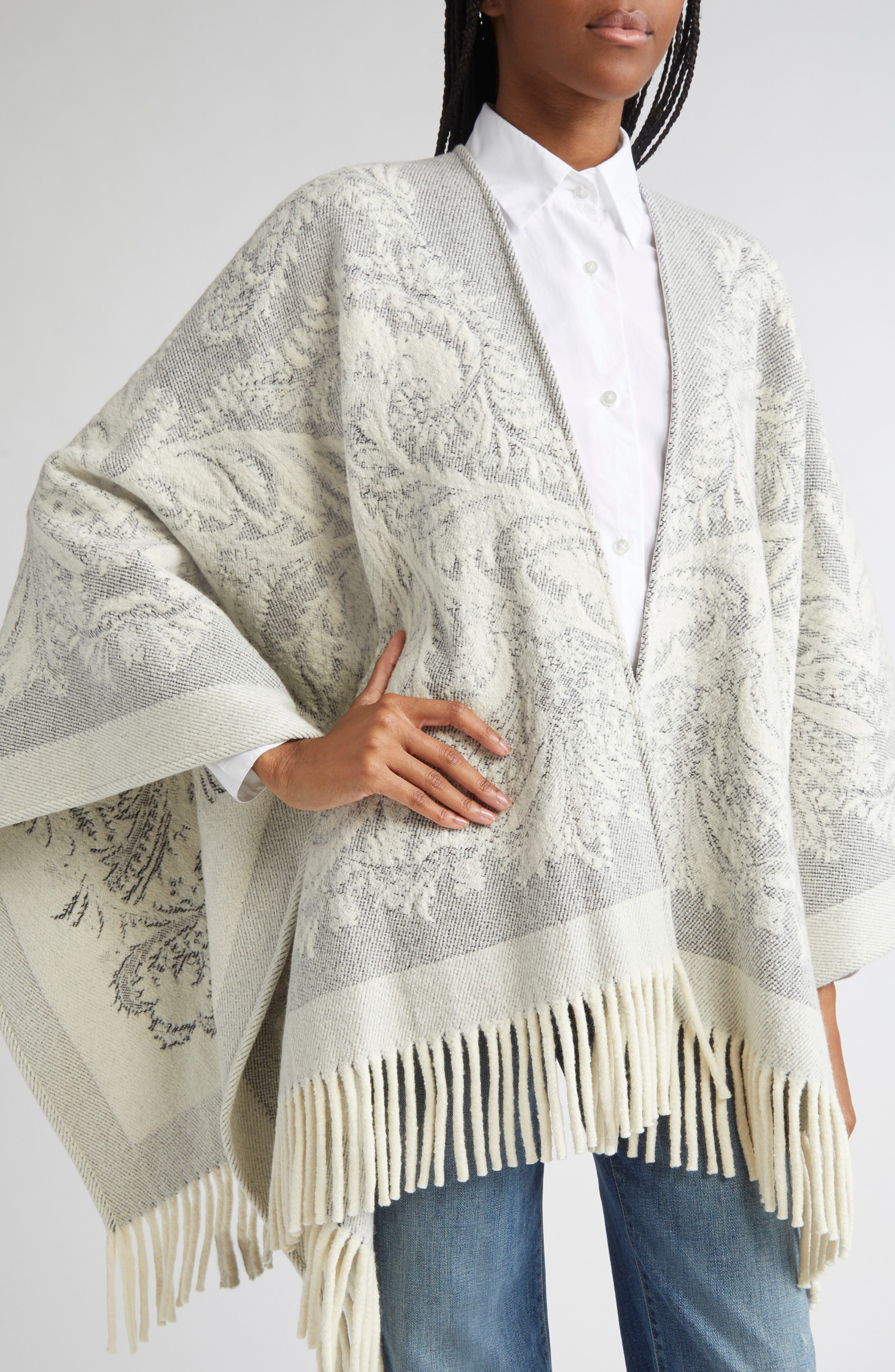 Etro Paisley Jacquard Wool Cape in Grey/White at Nordstrom - 4