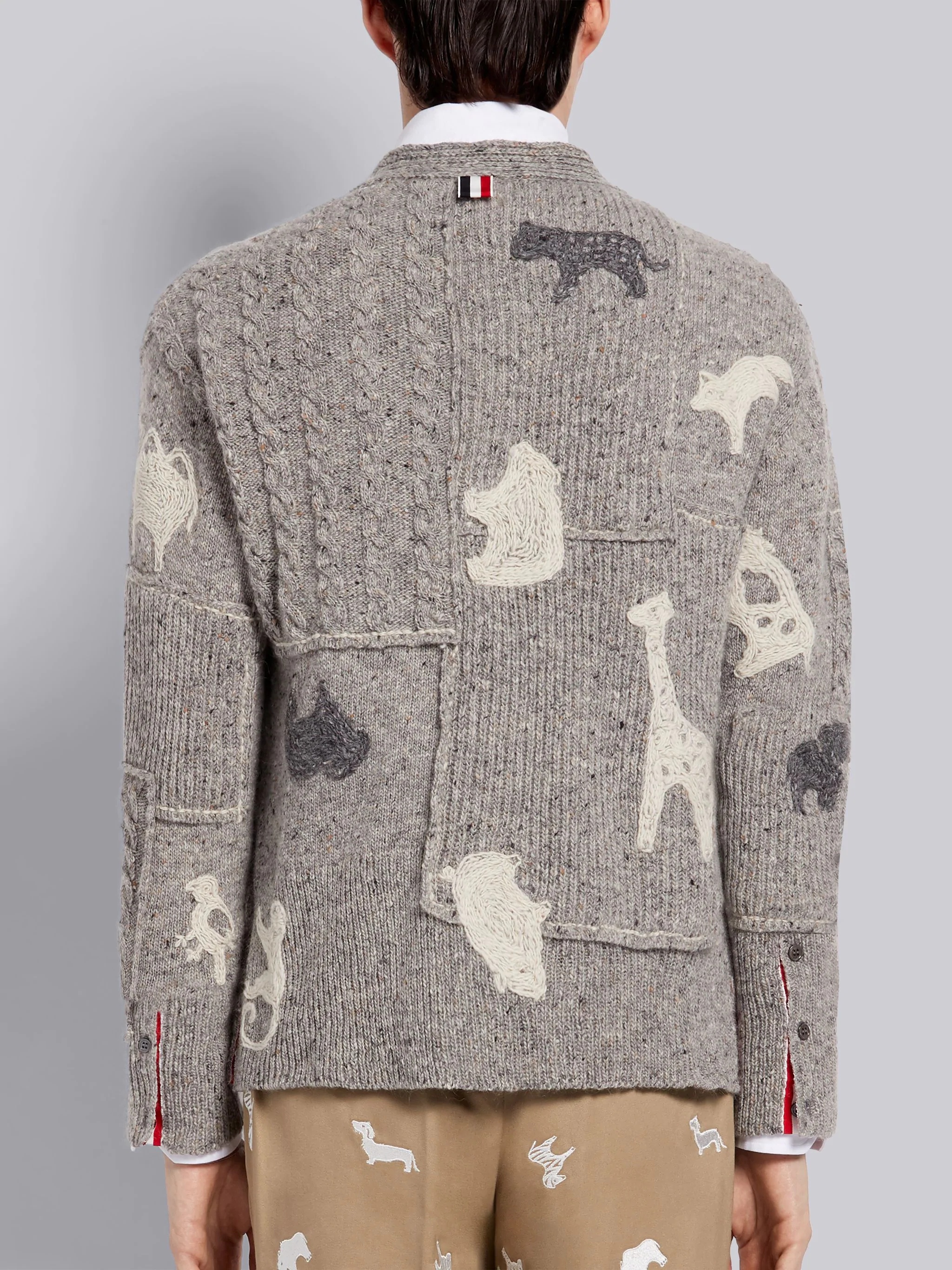 Light Grey Wool Mohair Tweed Hand Embellished Animal Icon V-Neck Cardigan - 3