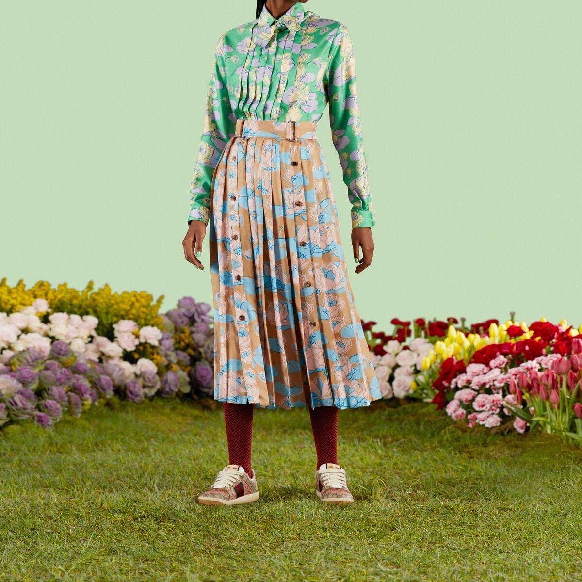 Waterlily print pleated silk skirt - 6