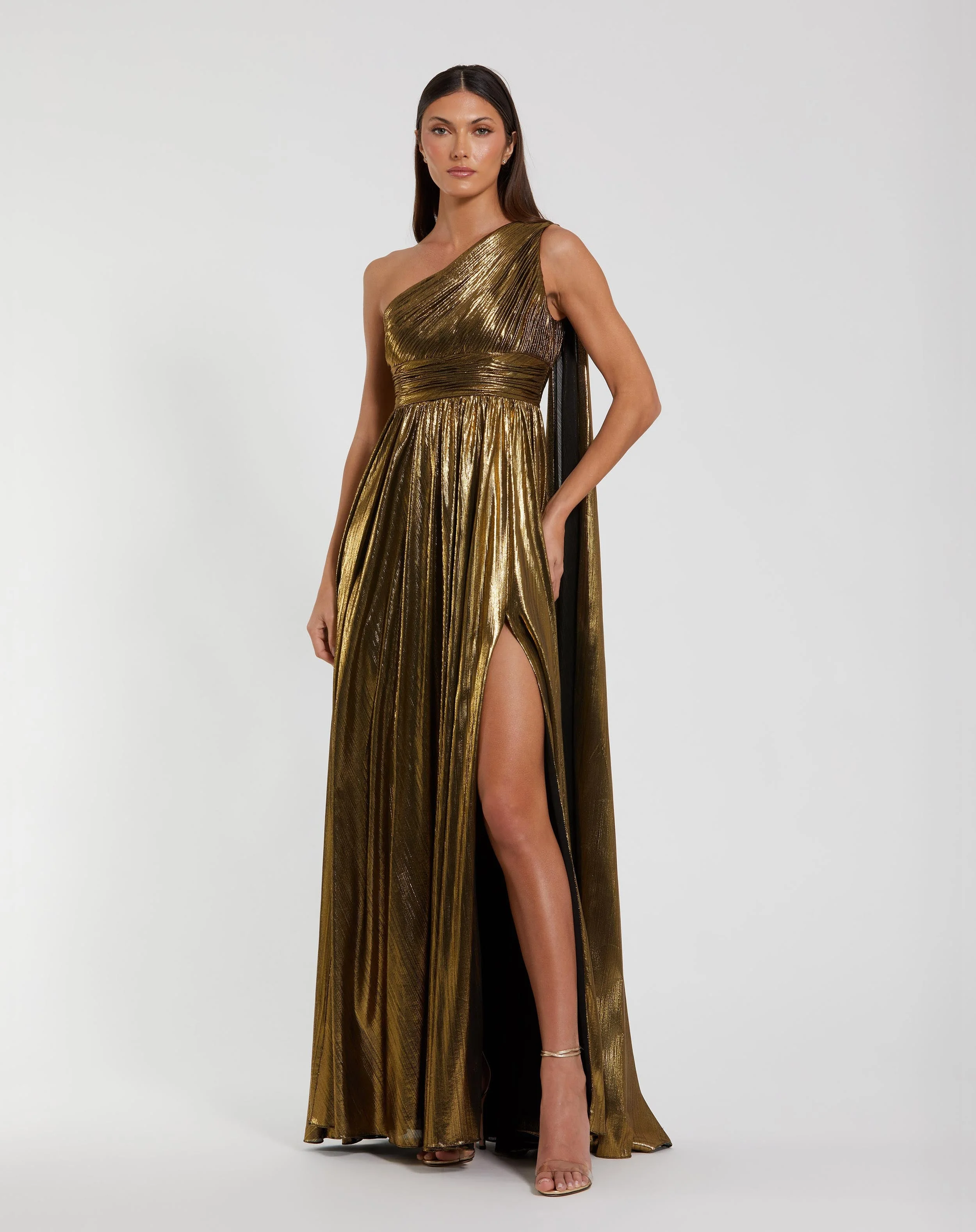 Gold Metallic One Shoulder Gown With Slit - 1