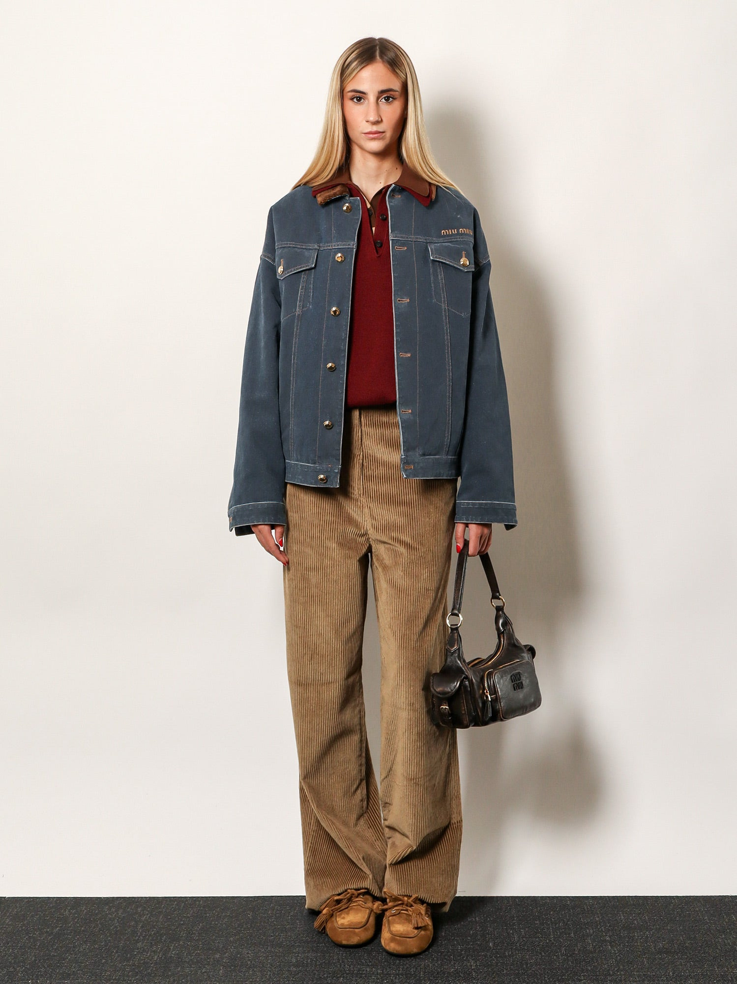 Denim Padded Jacket With Corduroy Collar - 2