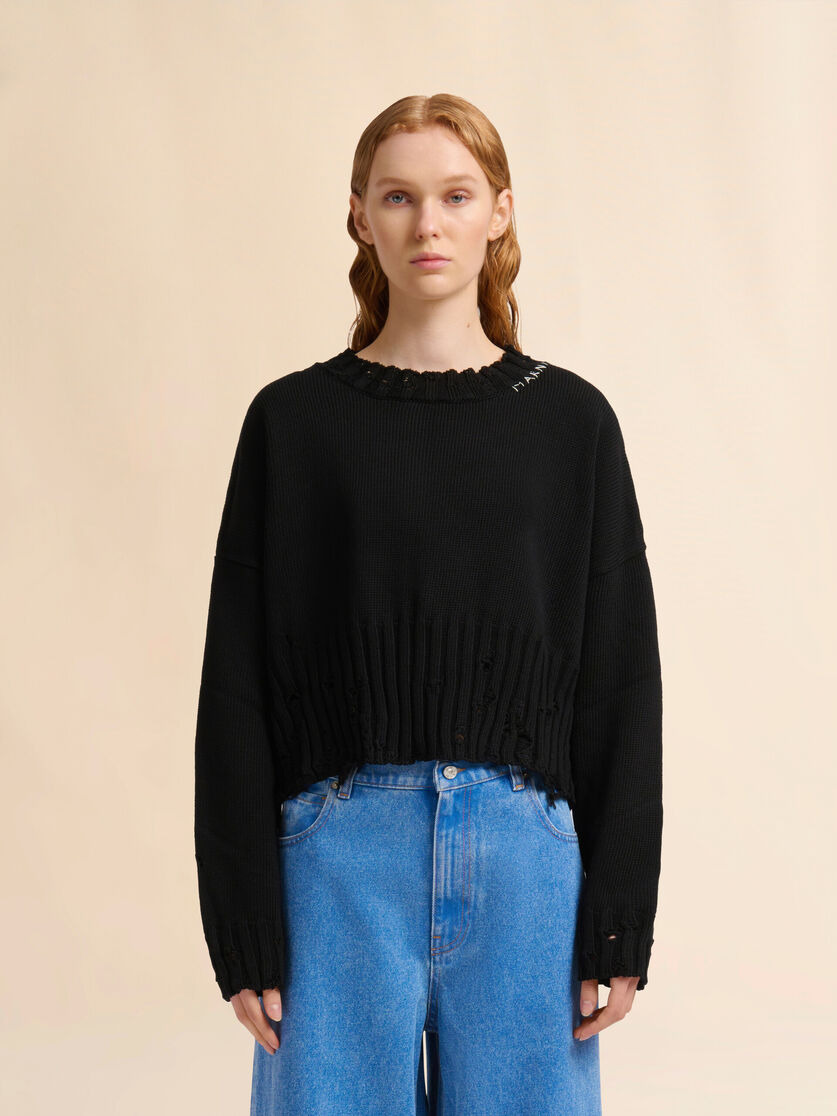 BLACK DISHEVELLED COTTON CROPPED JUMPER - 2