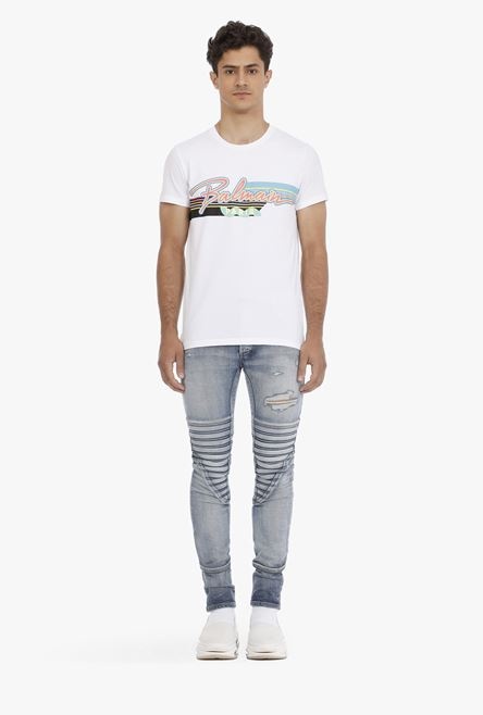 EXCLUSIVE - White cotton T-shirt with multicolor Balmain Paris logo - 4