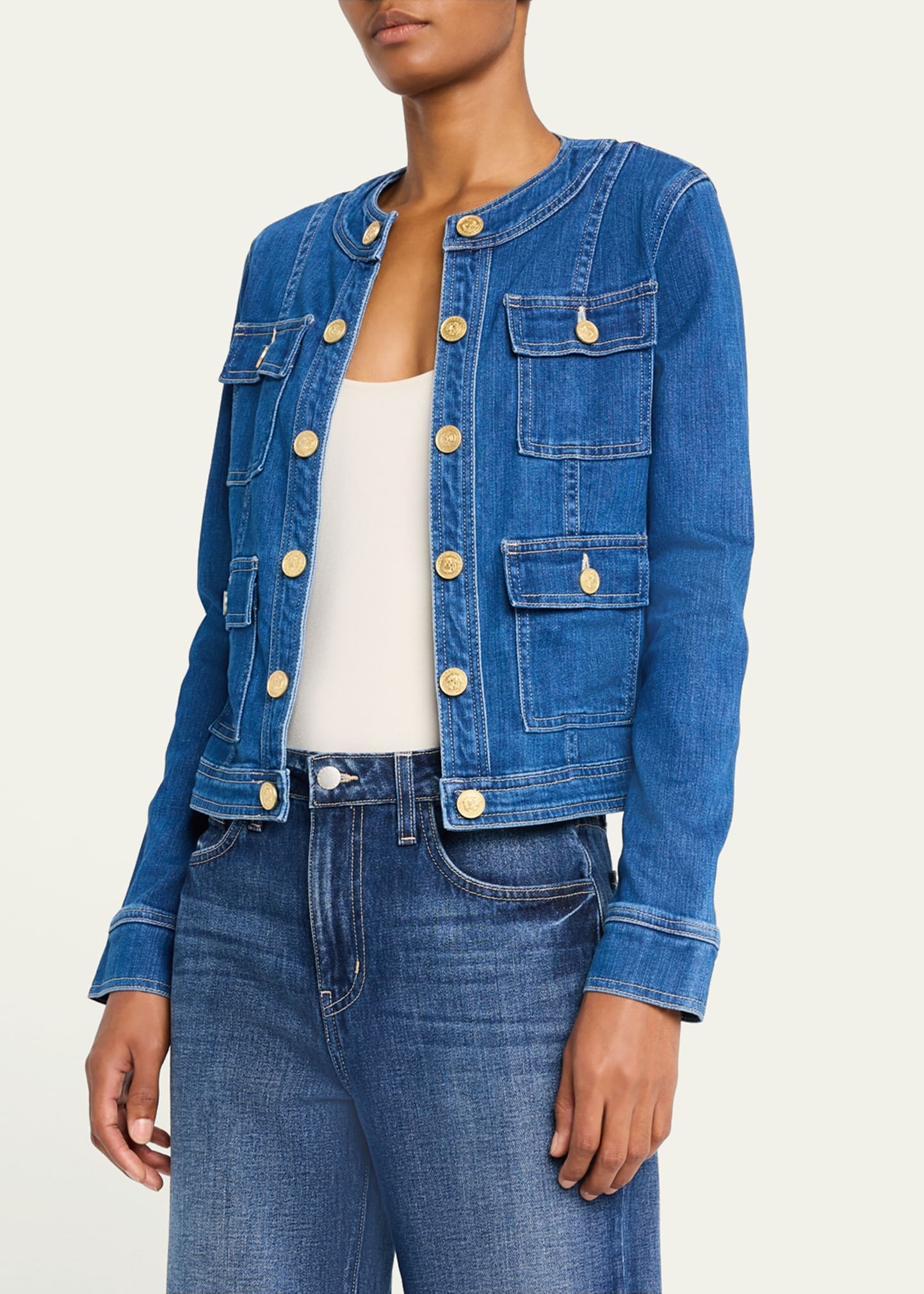 L'AGENCE Yari Faded Collarless Denim Jacket