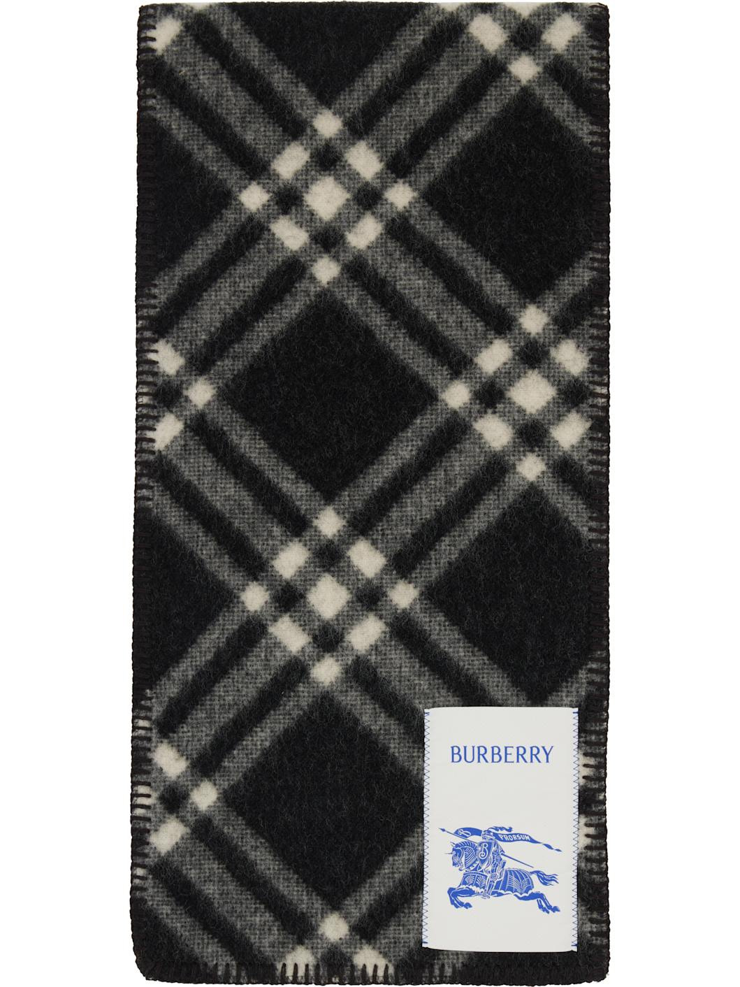Black Tri Bar Check Wool Scarf - 1