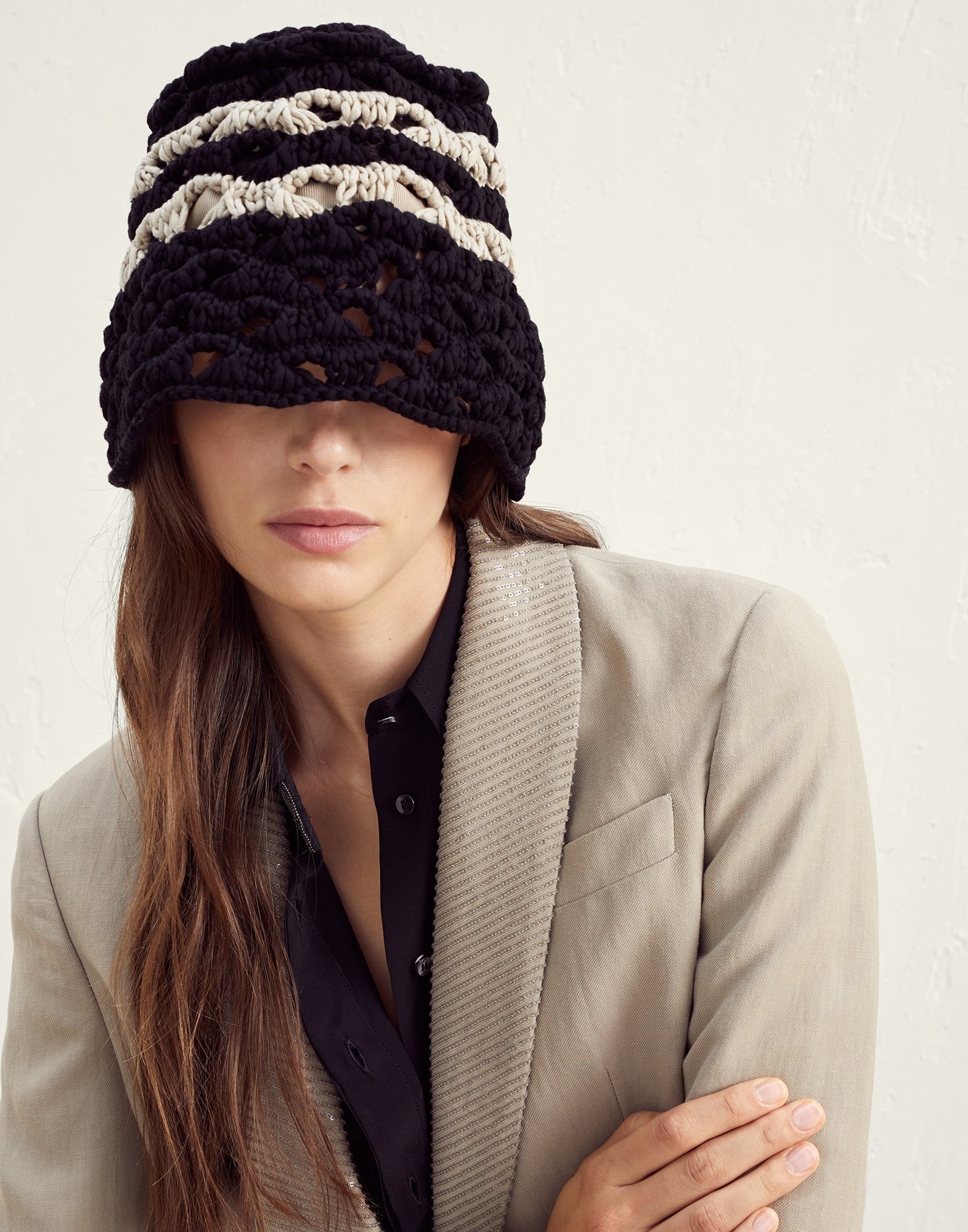 Striped cotton feather yarn ajour knit bucket hat - 3