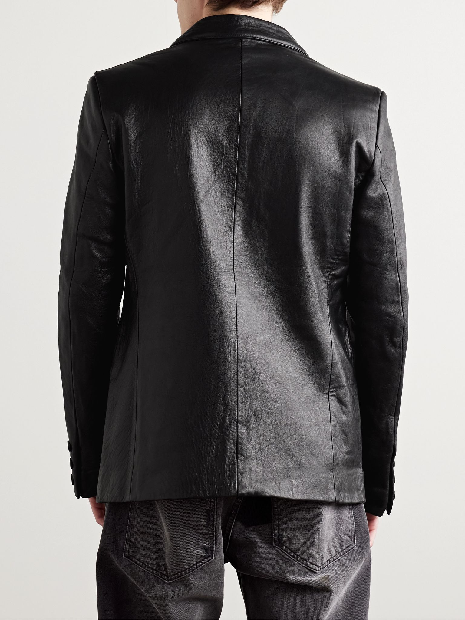 Slim-Fit Crinkled-Leather Blazer Black - 3