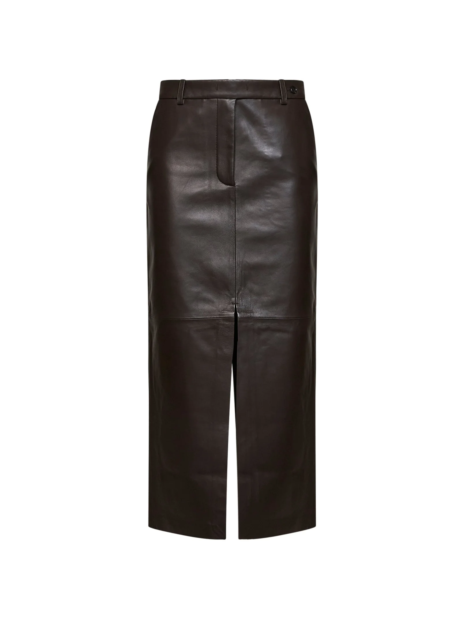 Chocolate leather tailored midi skirt with slits - 1