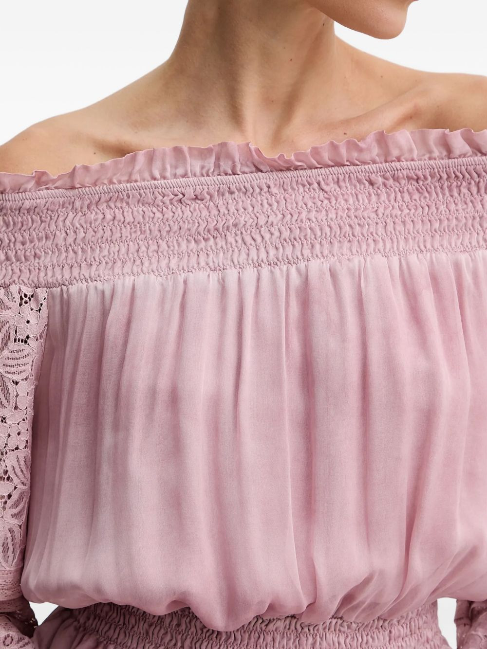 lace-sleeves smocked blouse - 4