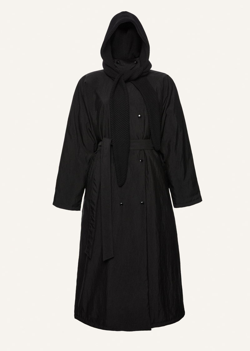 Knit hood long puffer coat in black 1