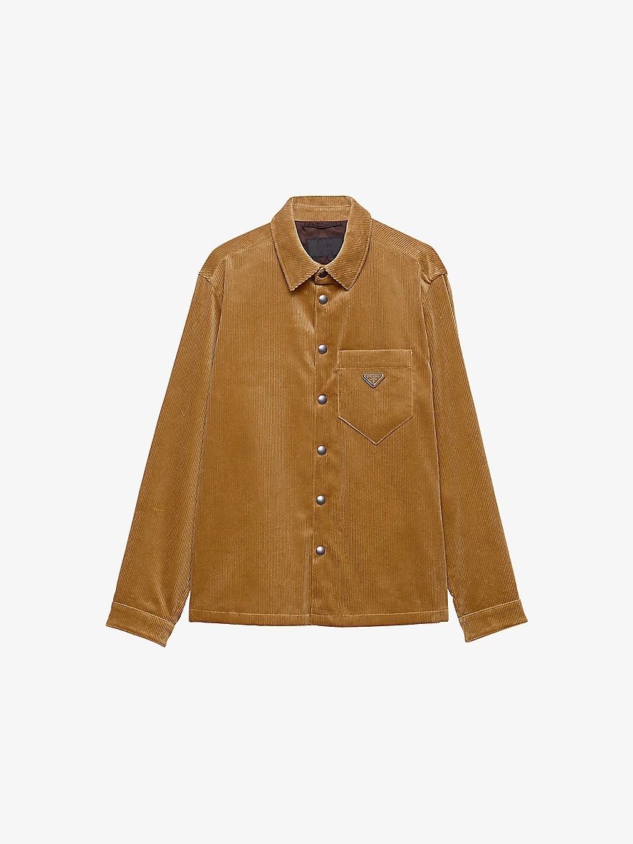 Prada Logo-plaque long-sleeved cotton-corduroy shirt | selfridges 