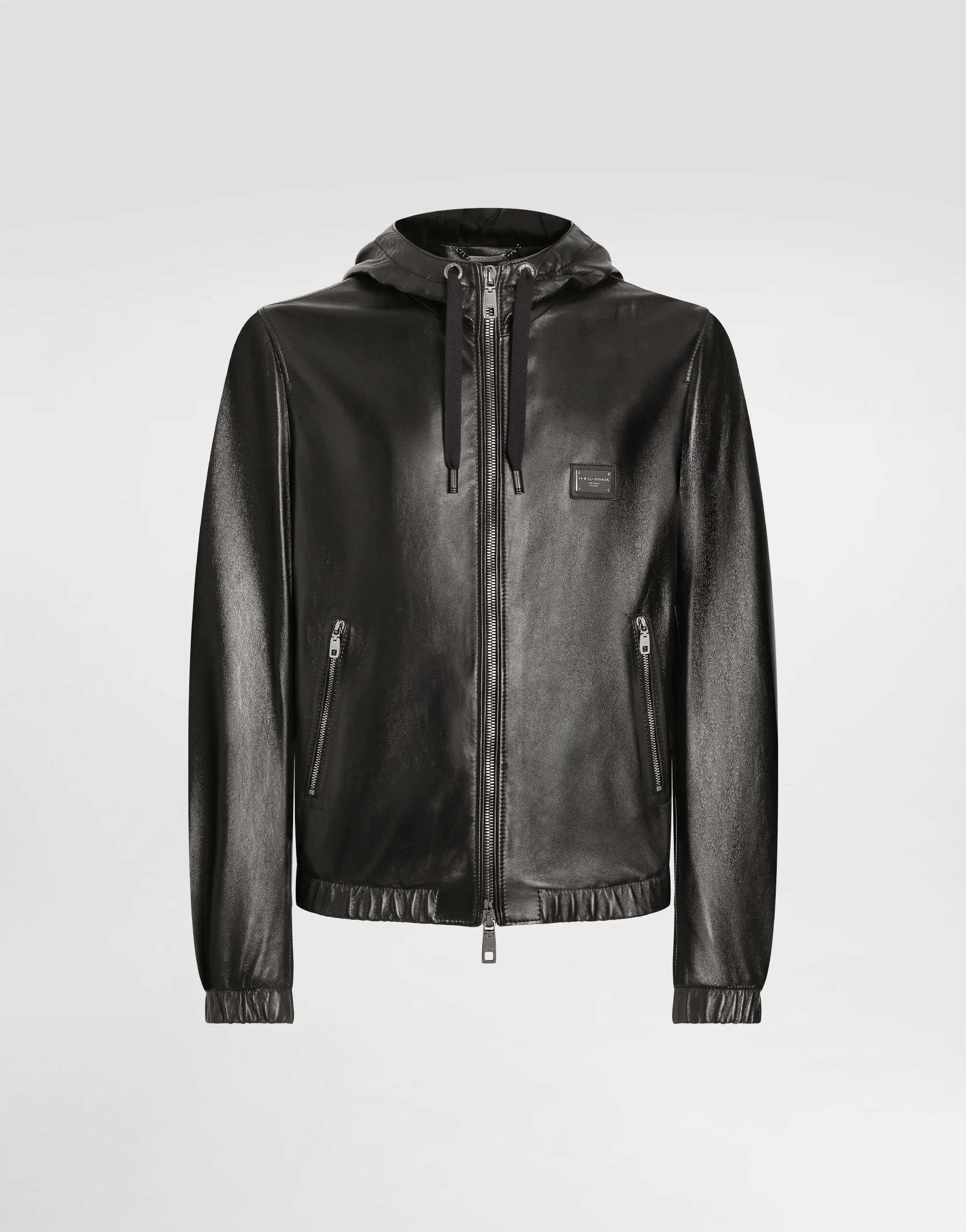 Leather jacket with hood and branded tag - 1