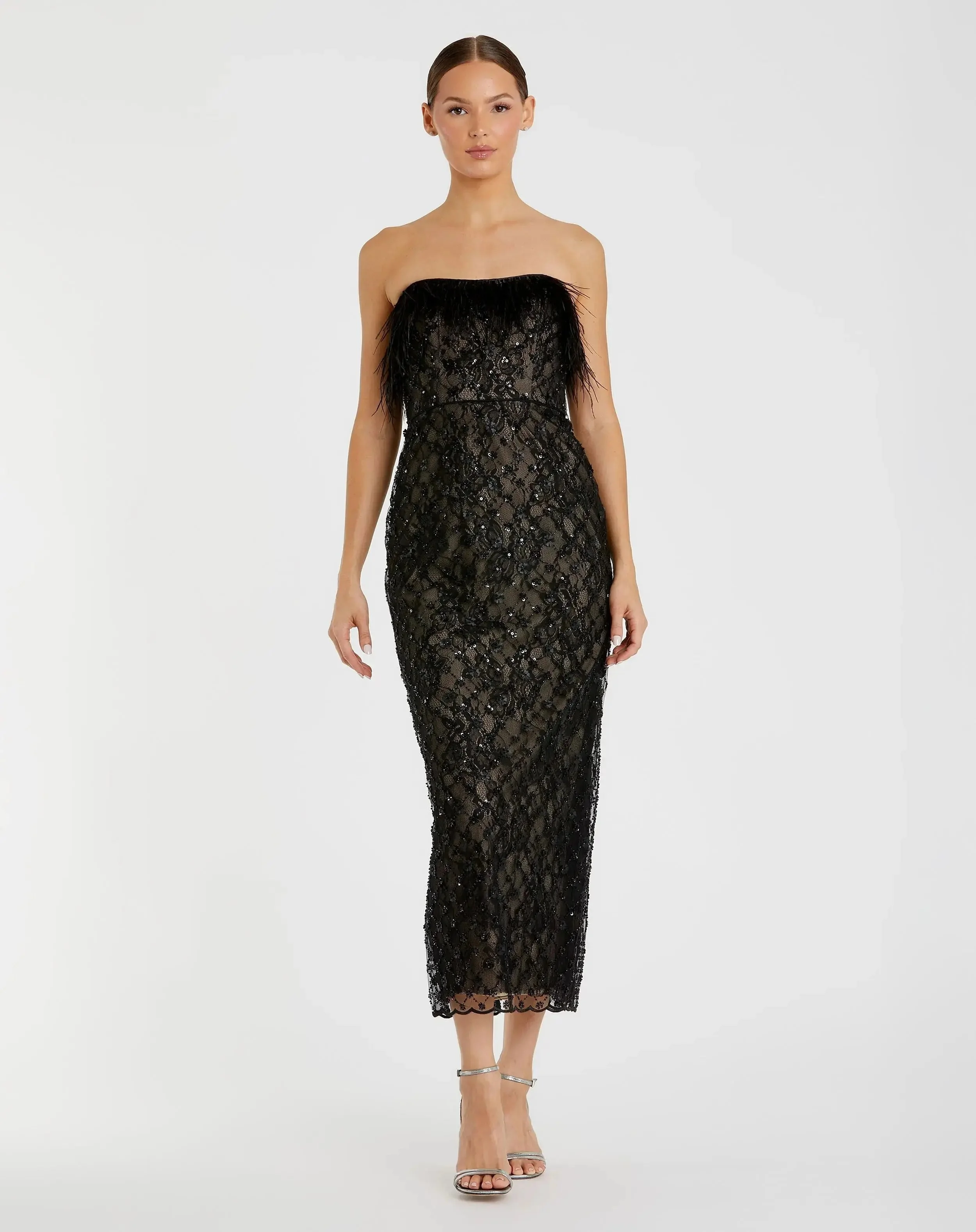 Black Embellished Feather Strapless Column Dress - 1