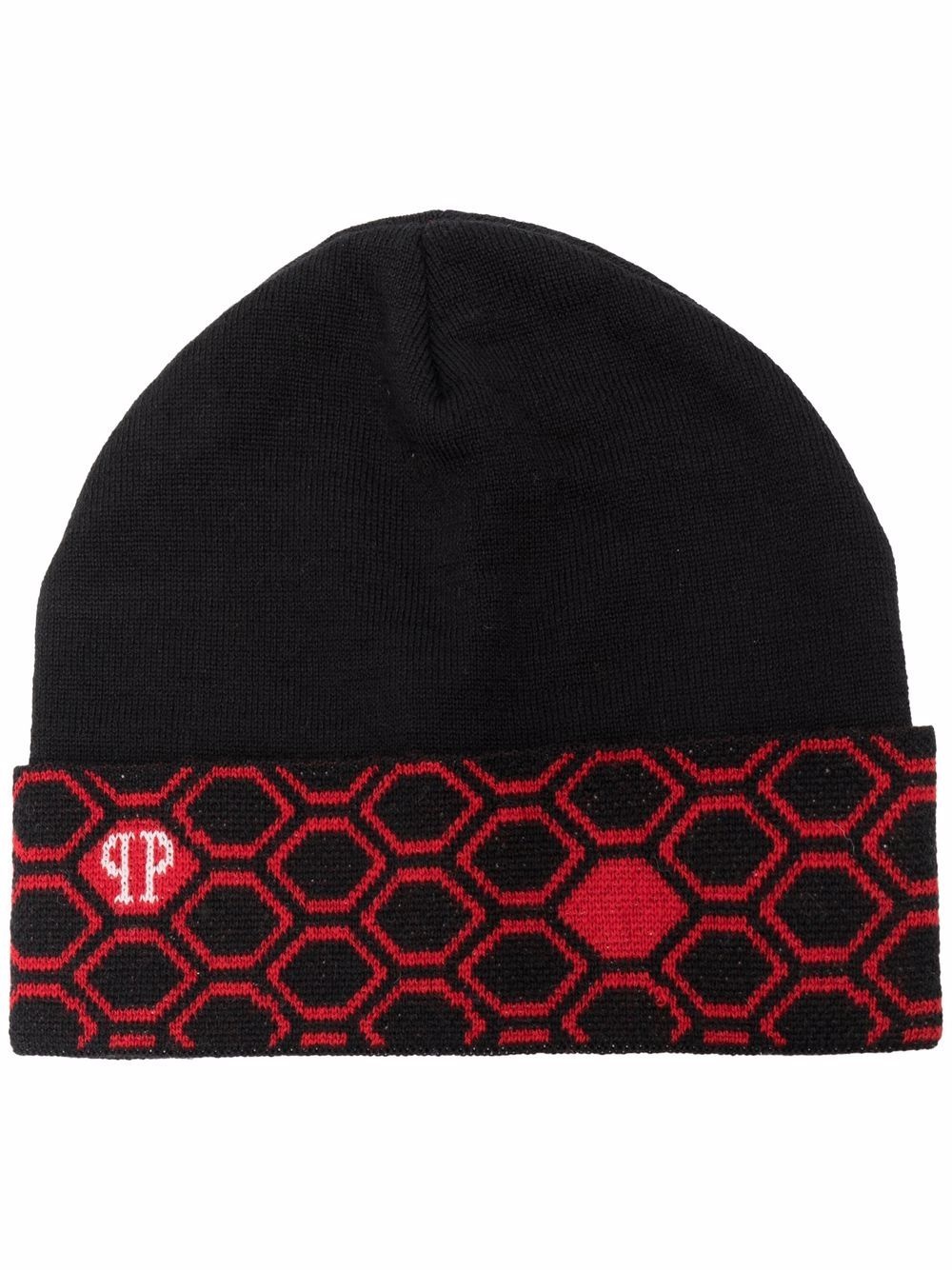 hexagon-pattern logo knit beanie - 1