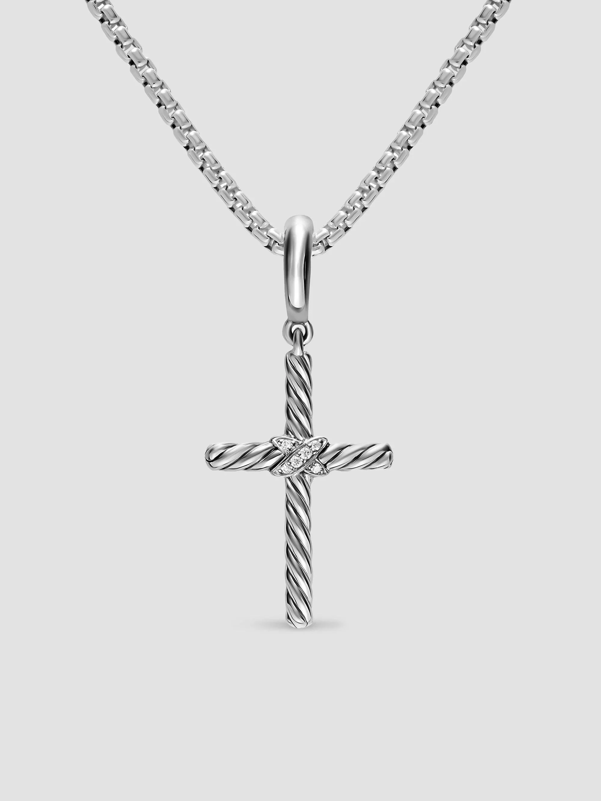Men's Cross Amulet in Sterling Silver with Diamonds, 21MM - Diamond - 1
