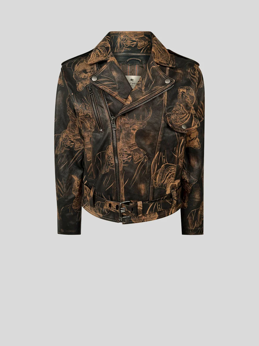 LEATHER BIKER JACKET WITH ANIMAL MOTIF - 1
