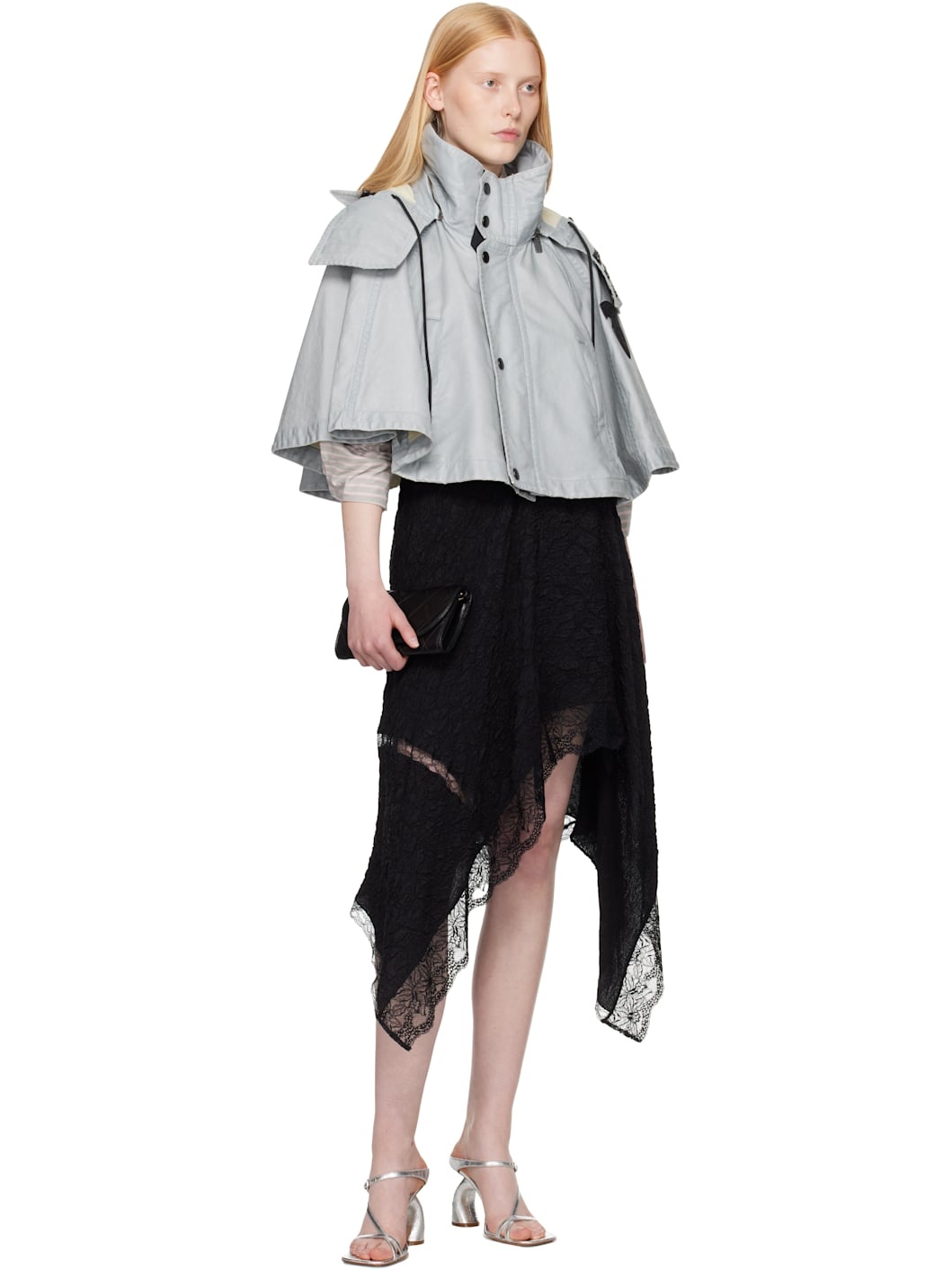 Blue Bleached Cotton Hooded Capelet Jacket - 5
