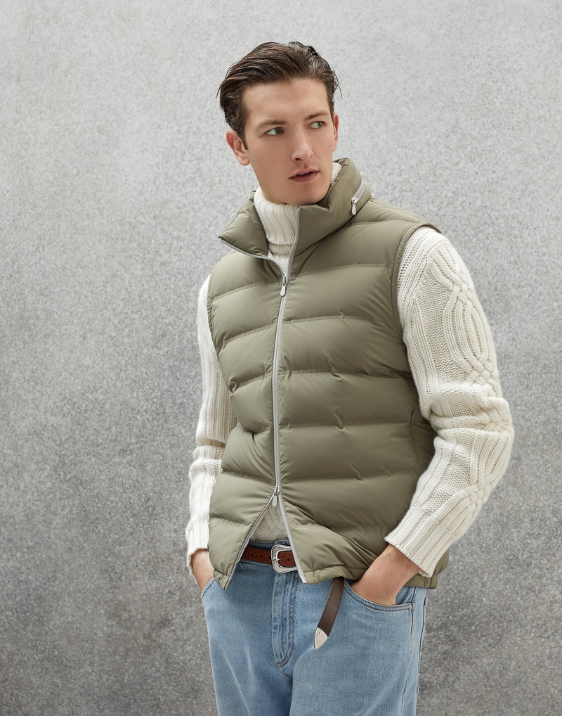 Bonded nylon down vest with packable hood and heat bonded seams 1