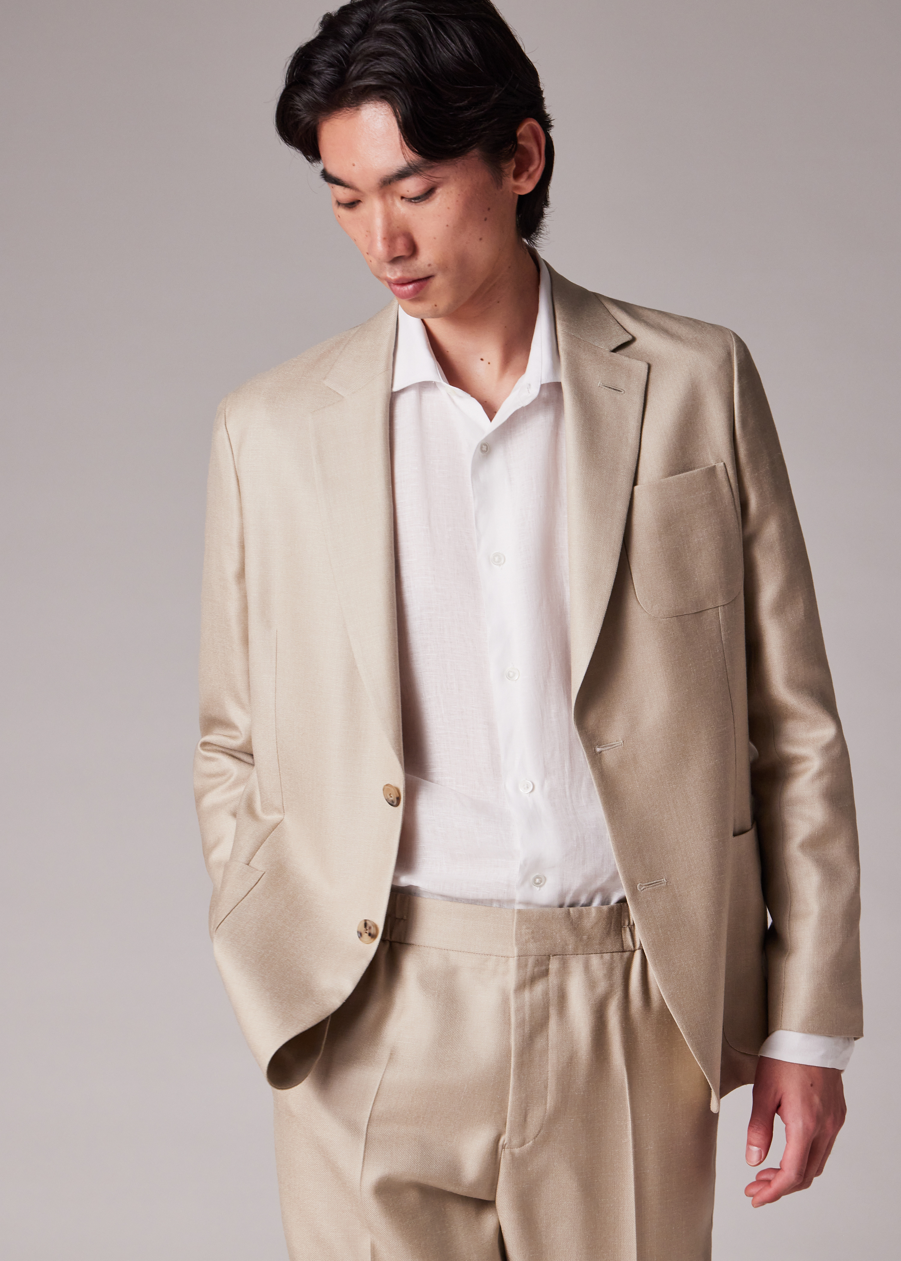 Light Camel Wool-Silk Unlined Blazer - 5