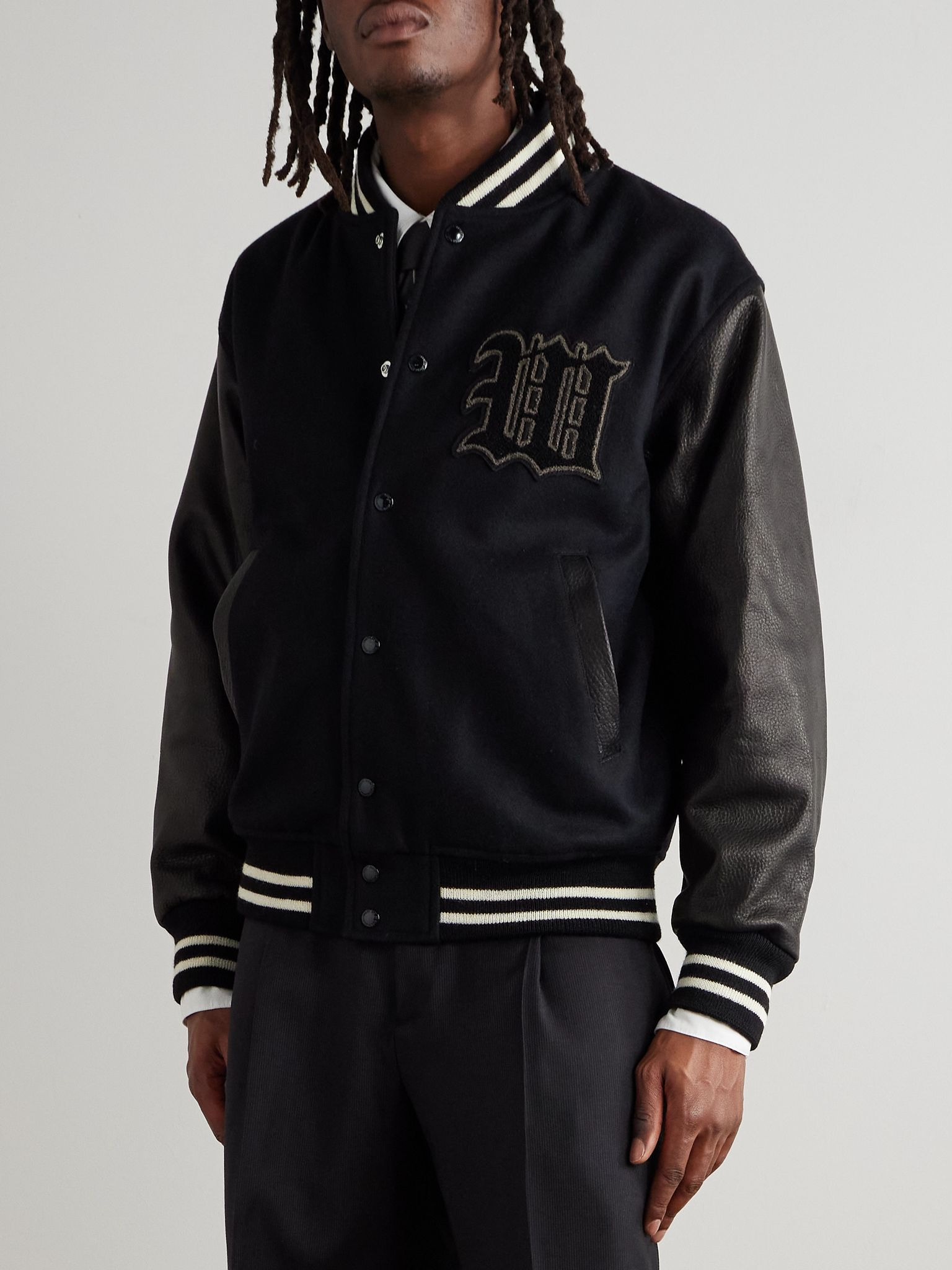 Leather-Panelled Striped Appliquéd Wool-Blend Varsity Jacket Black - 3