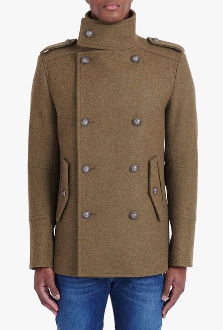 Light khaki wool military pea coat with double-breasted silver-tone buttoned fastening - 5