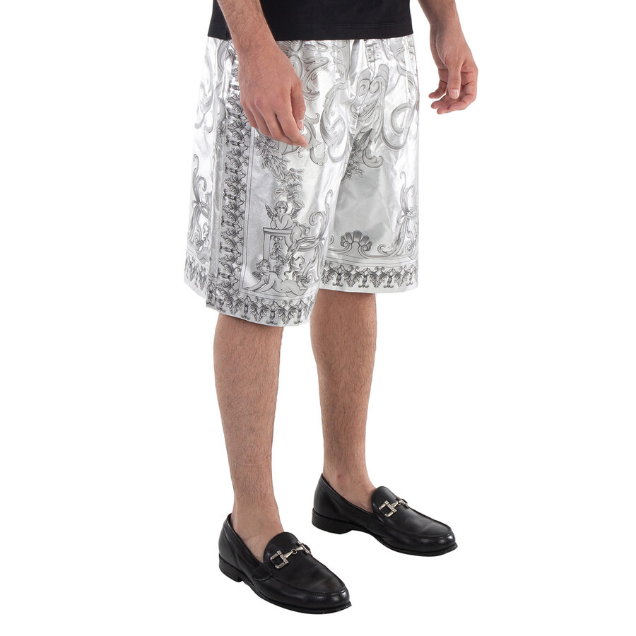 Versace Men's Silver Baroque Print Silk Twill Shorts - 5