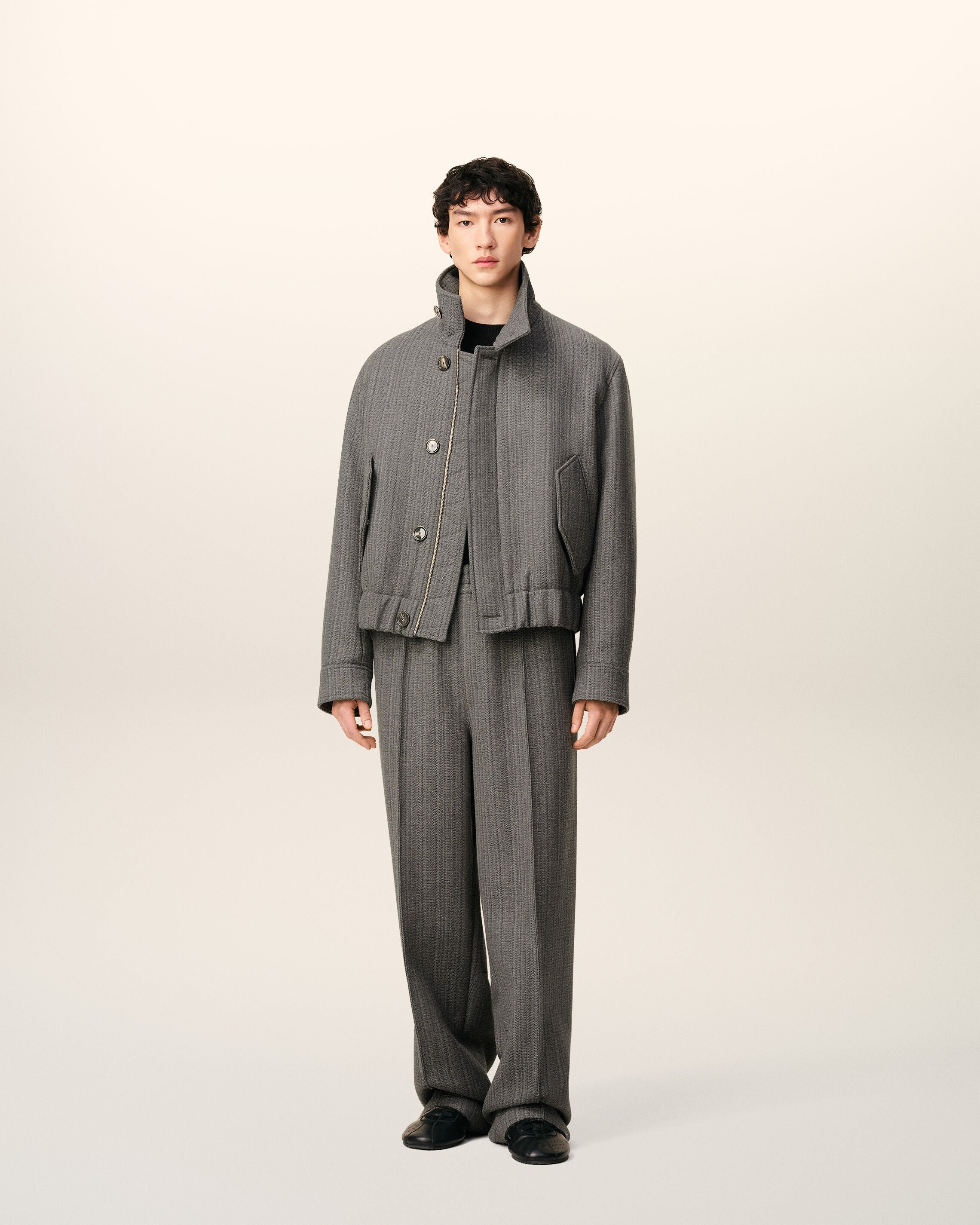 GREY WOOL HERRINGBONE HARRINGTON JACKET - 2