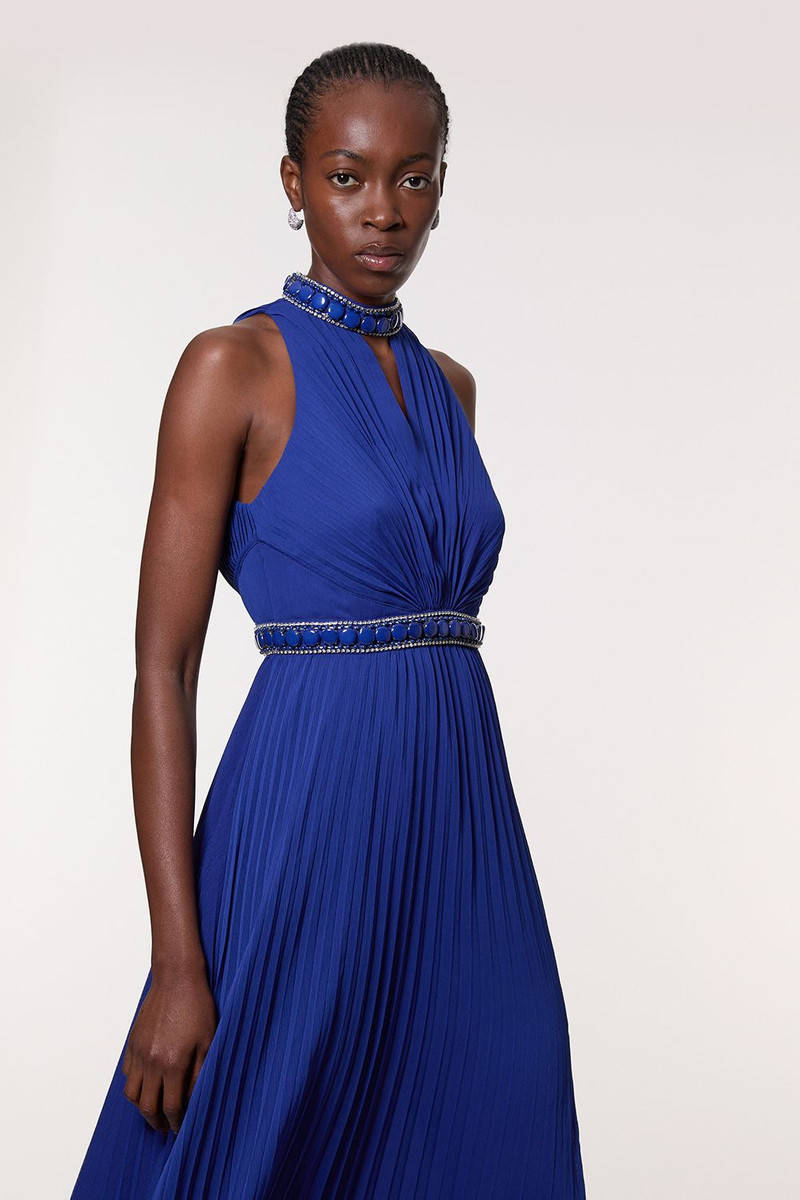 Petite Halter Diamante Enamel Trim Woven Pleated Split Maxi Dress 3
