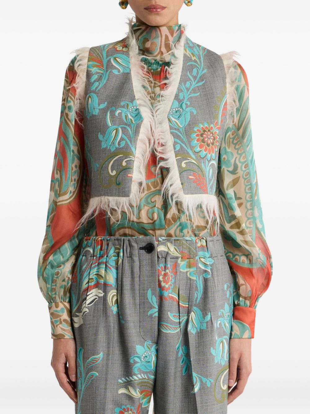 floral-print fringed waistcoat - 3