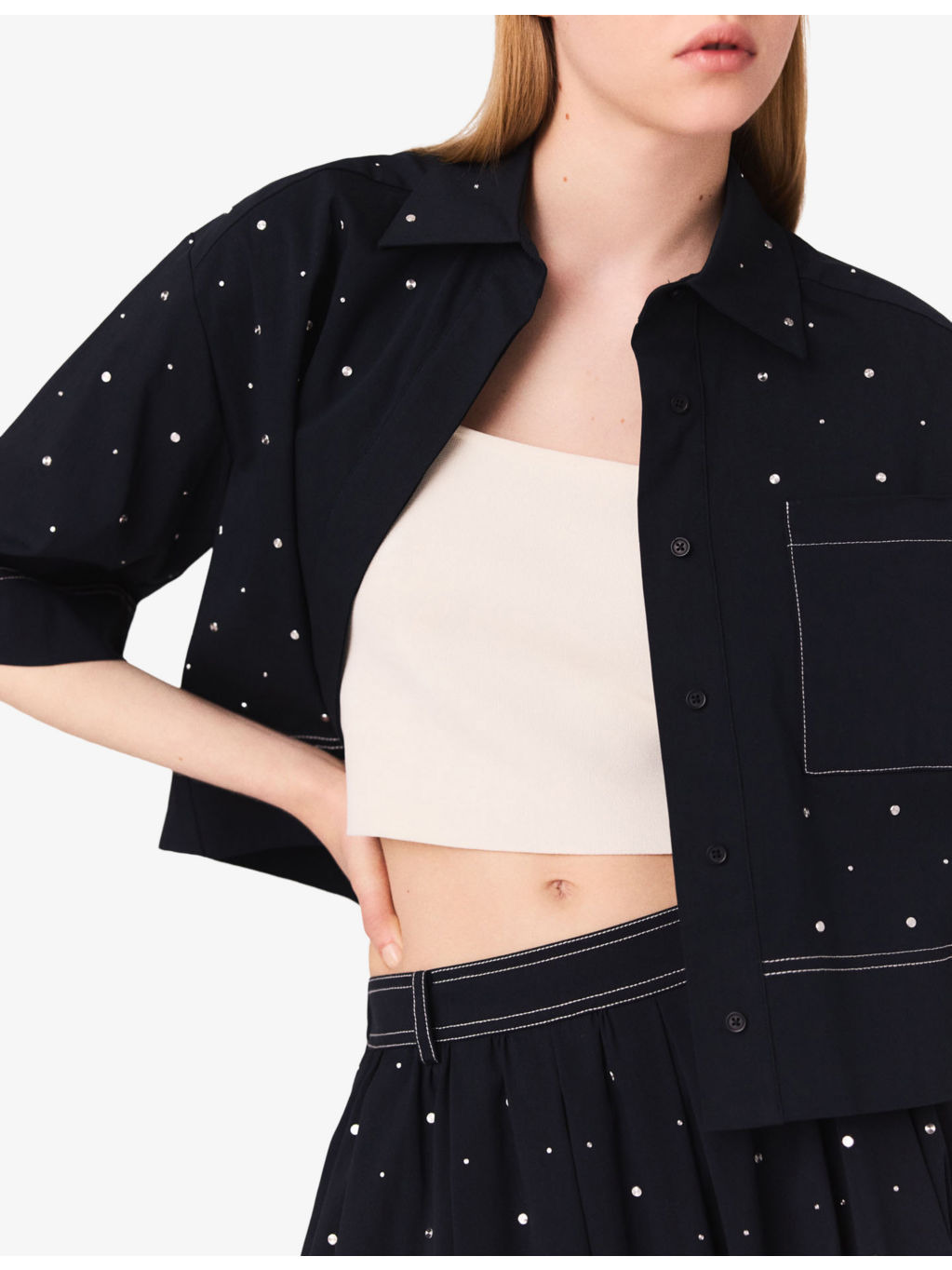Stud-Embellished Cropped Stretch Cotton-Blend Shirt - 6