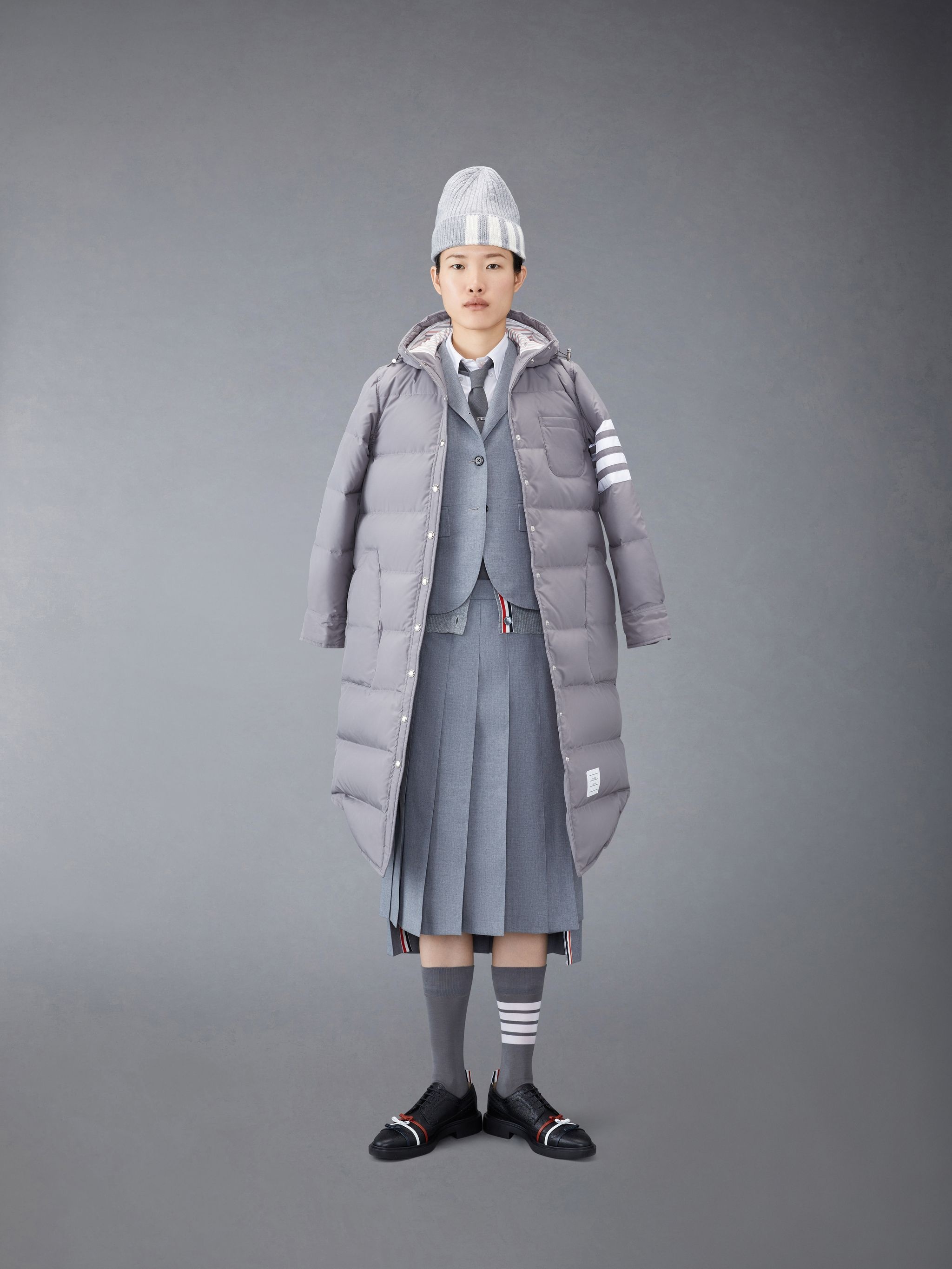 Thom Browne DOWN FILLED BELOW KNEE HOODED SHIRTDRESS W/ 4 BAR IN MILITARY RIPSTOP - 415 NAVY