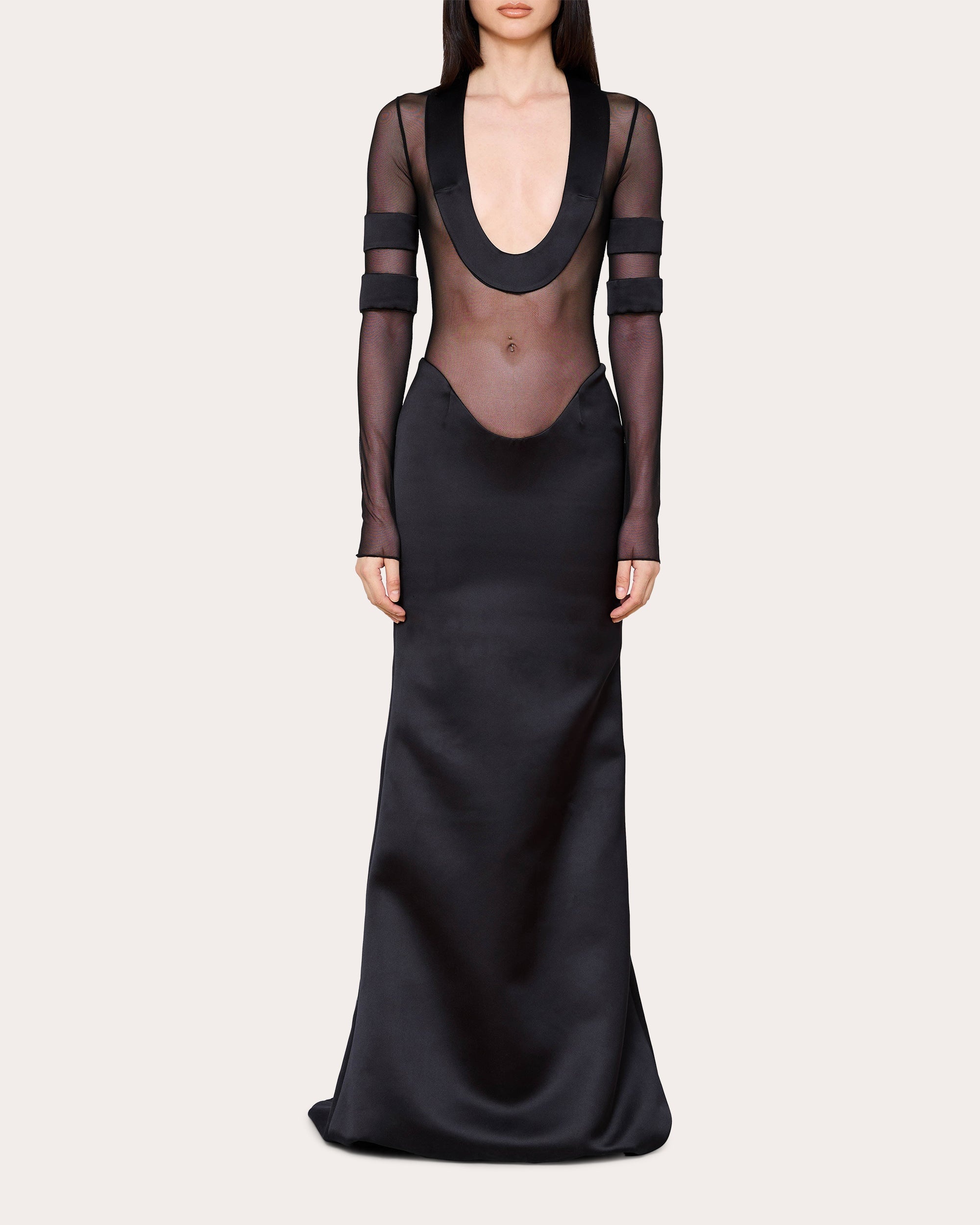 Mesh-Panel Satin Gown - 1